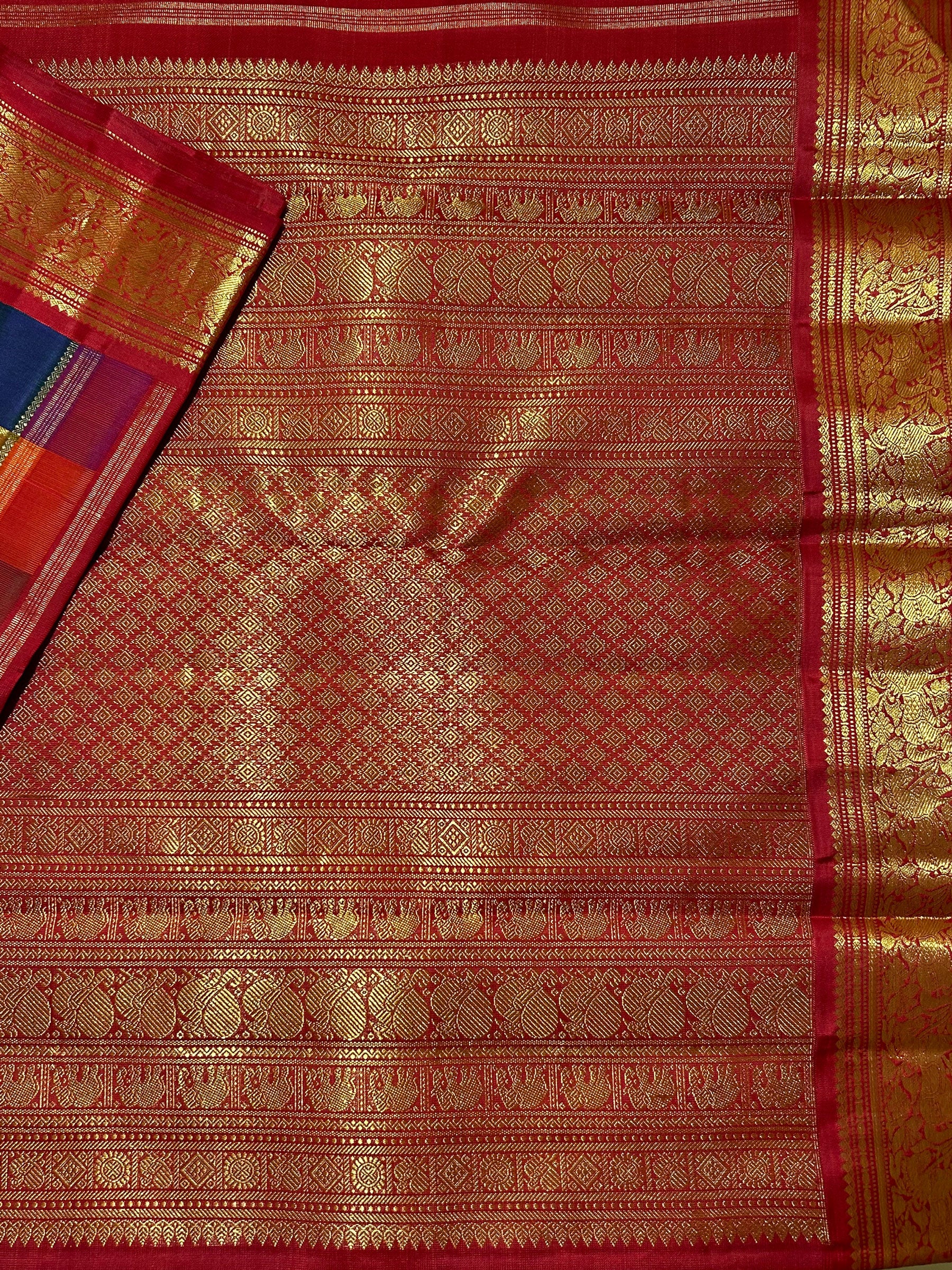 Kai Korvai Palum Pazhamum Kanjivaram Silk Saree with Intricate Checks - RK0218