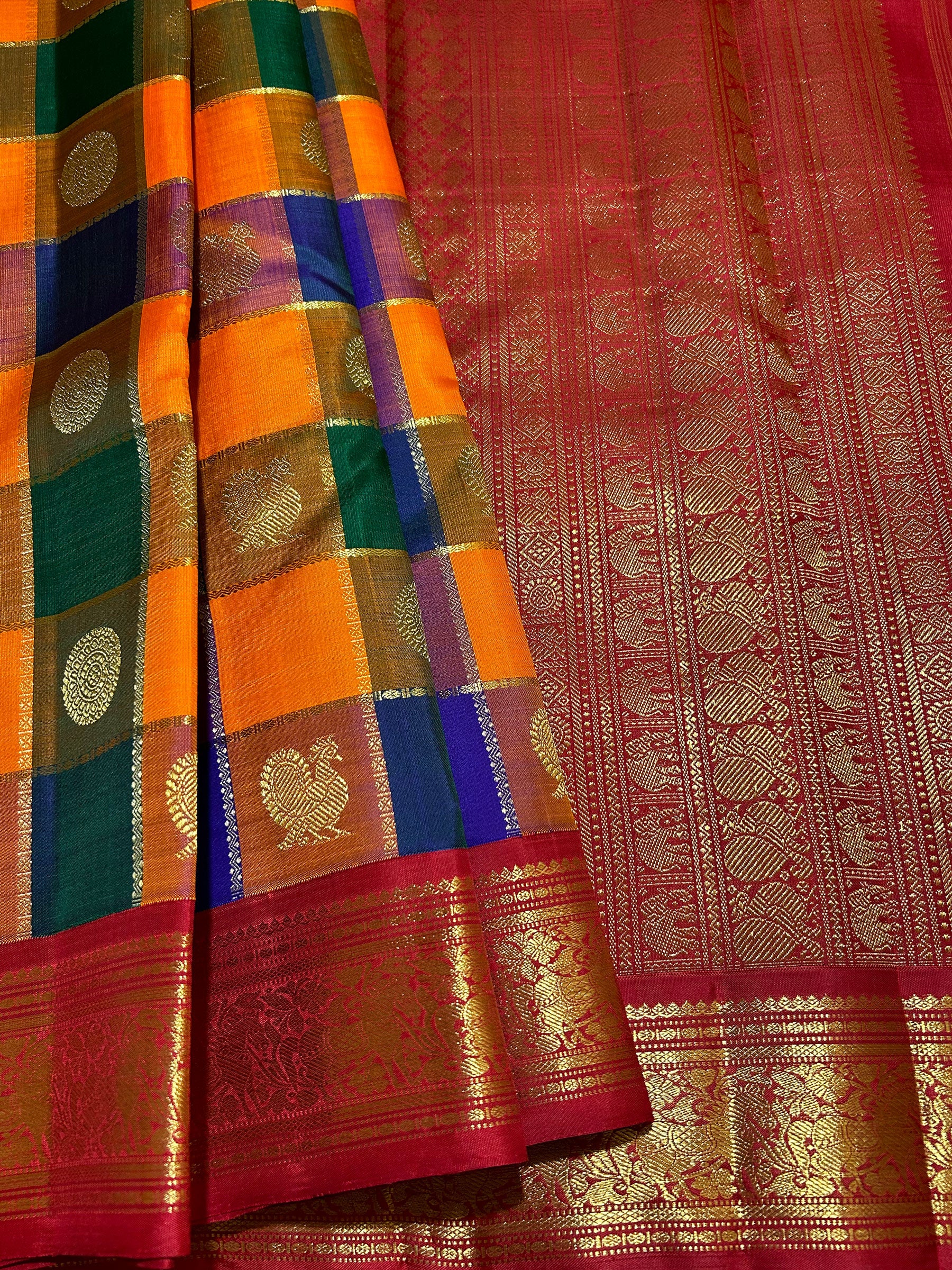 Kai Korvai Palum Pazhamum Kanjivaram Silk Saree with Intricate Checks - RK0218