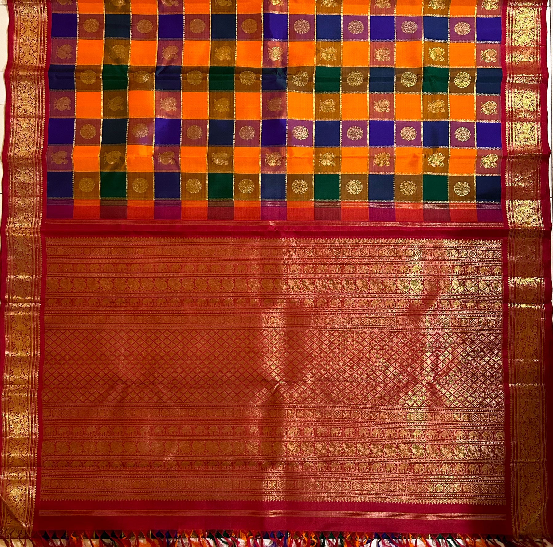 Kai Korvai Palum Pazhamum Kanjivaram Silk Saree with Intricate Checks - RK0218