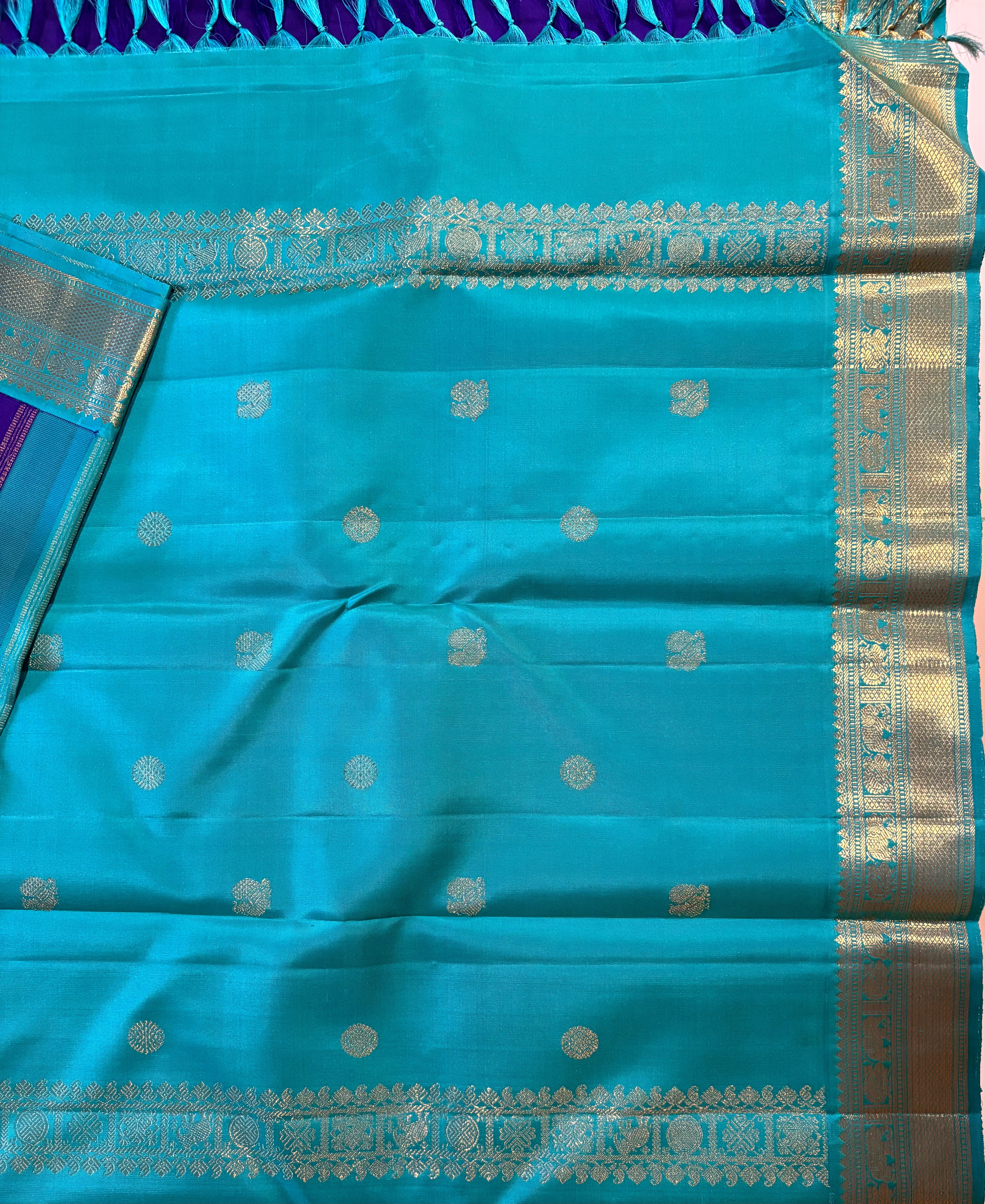 Deep purple Korvai Kanjivaram Silk Saree with Turquoise border - RK0284