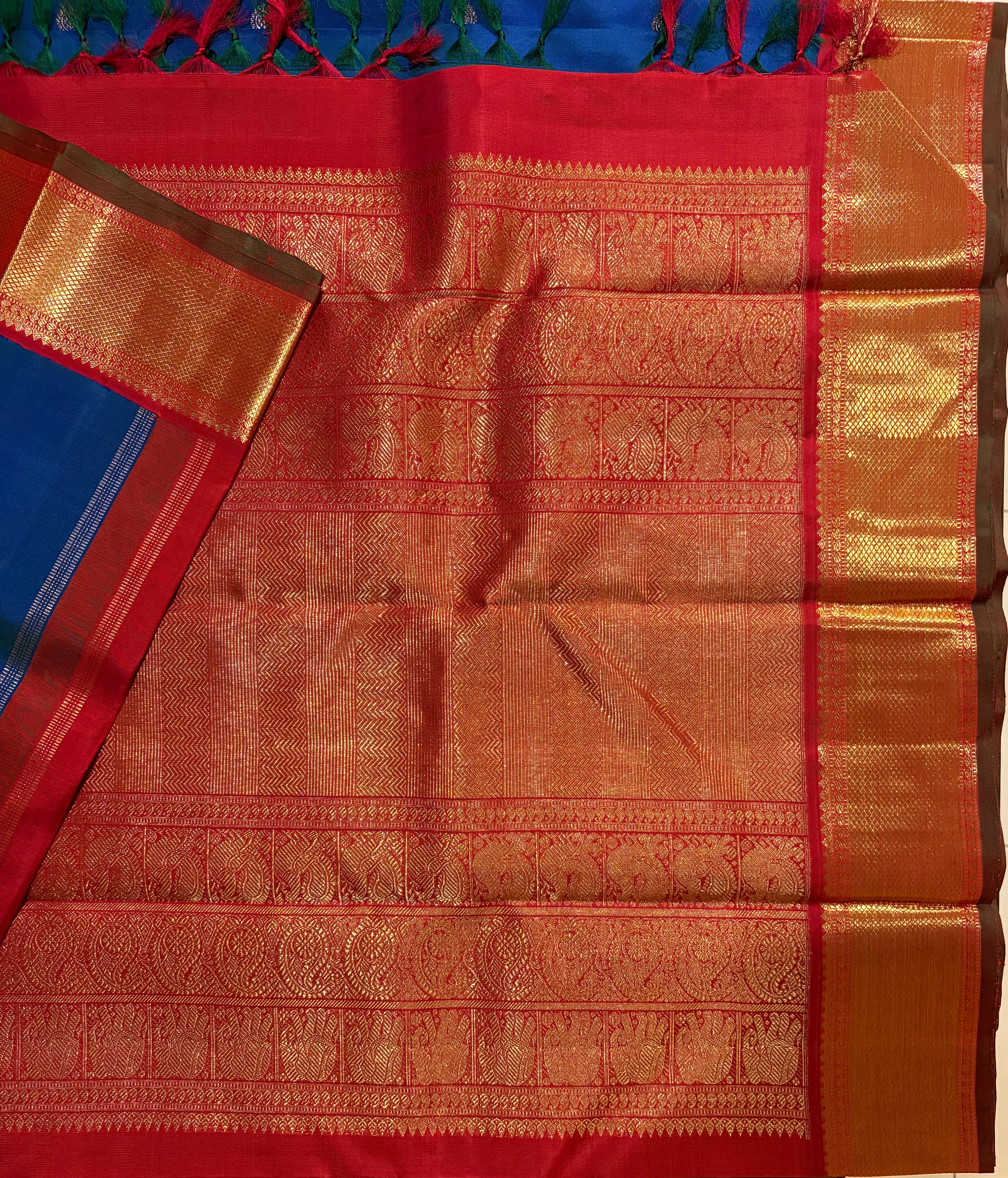 Peacock blue Korvai Kanjivaram Silk Saree with Arakku border - RK0149