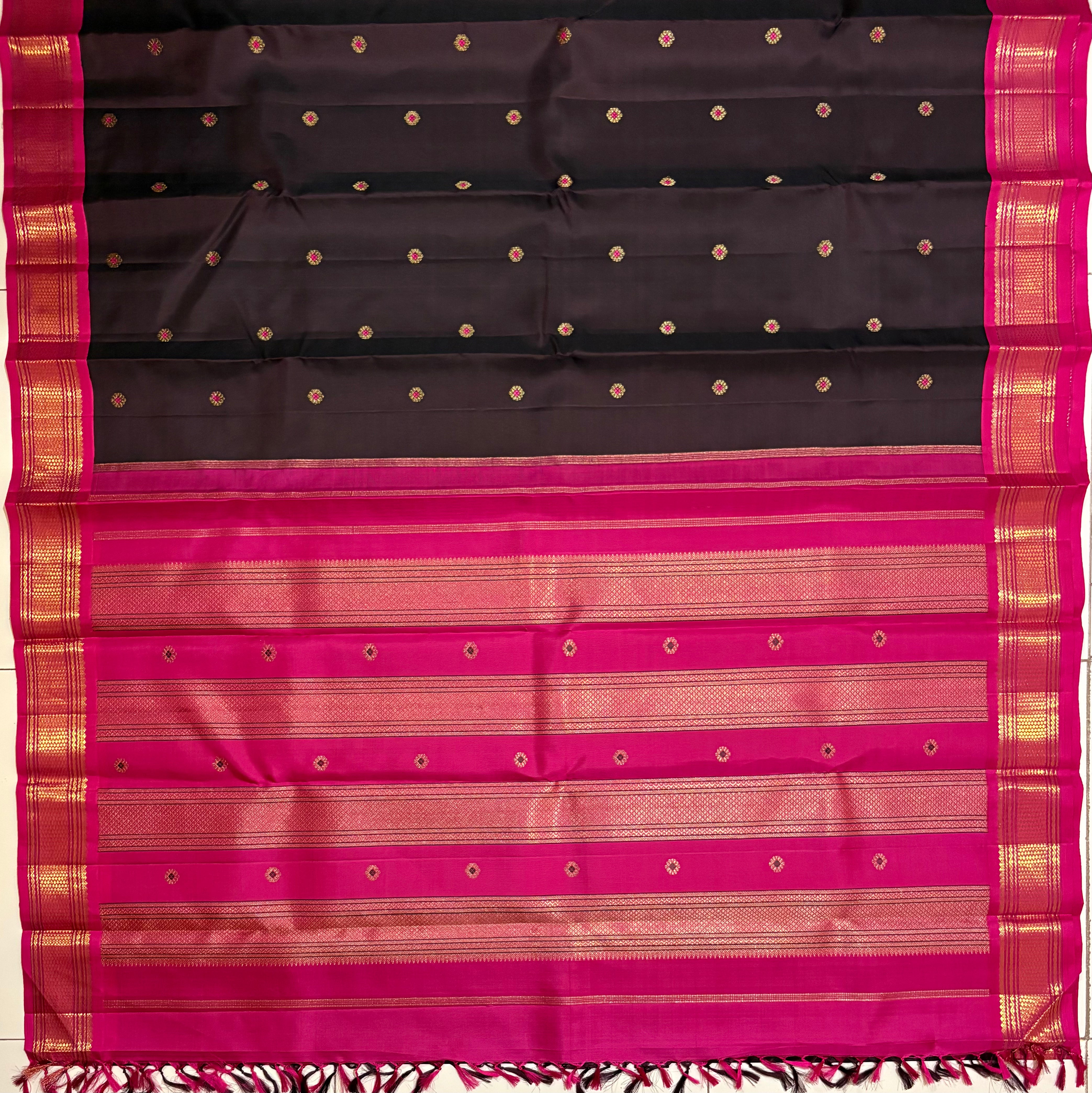 Dark Kanchana/black Korvai Kanjivaram Silk Saree with Candy Rose border - RK0556