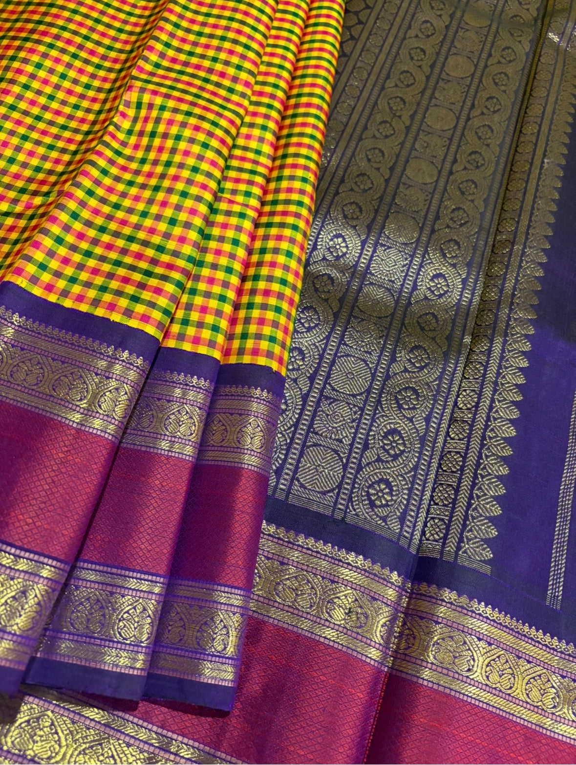 Palum Pazhamum Podi kattam Korvai Handloom Kanjivaram Silk Saree with Purple Border - RK0383