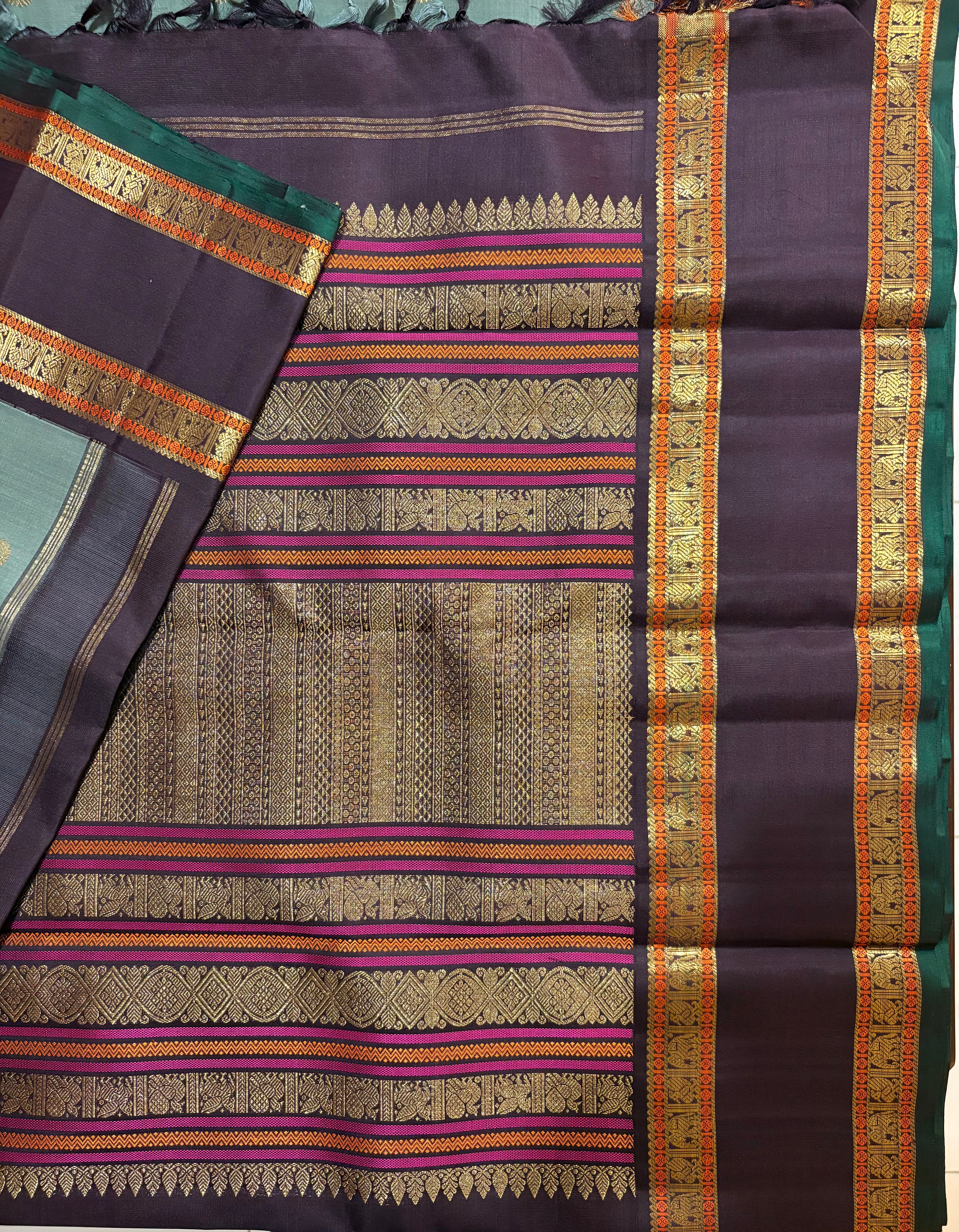 Greyish Elaichi Kanjivaram Silk Saree with Kanchana border - RK0559