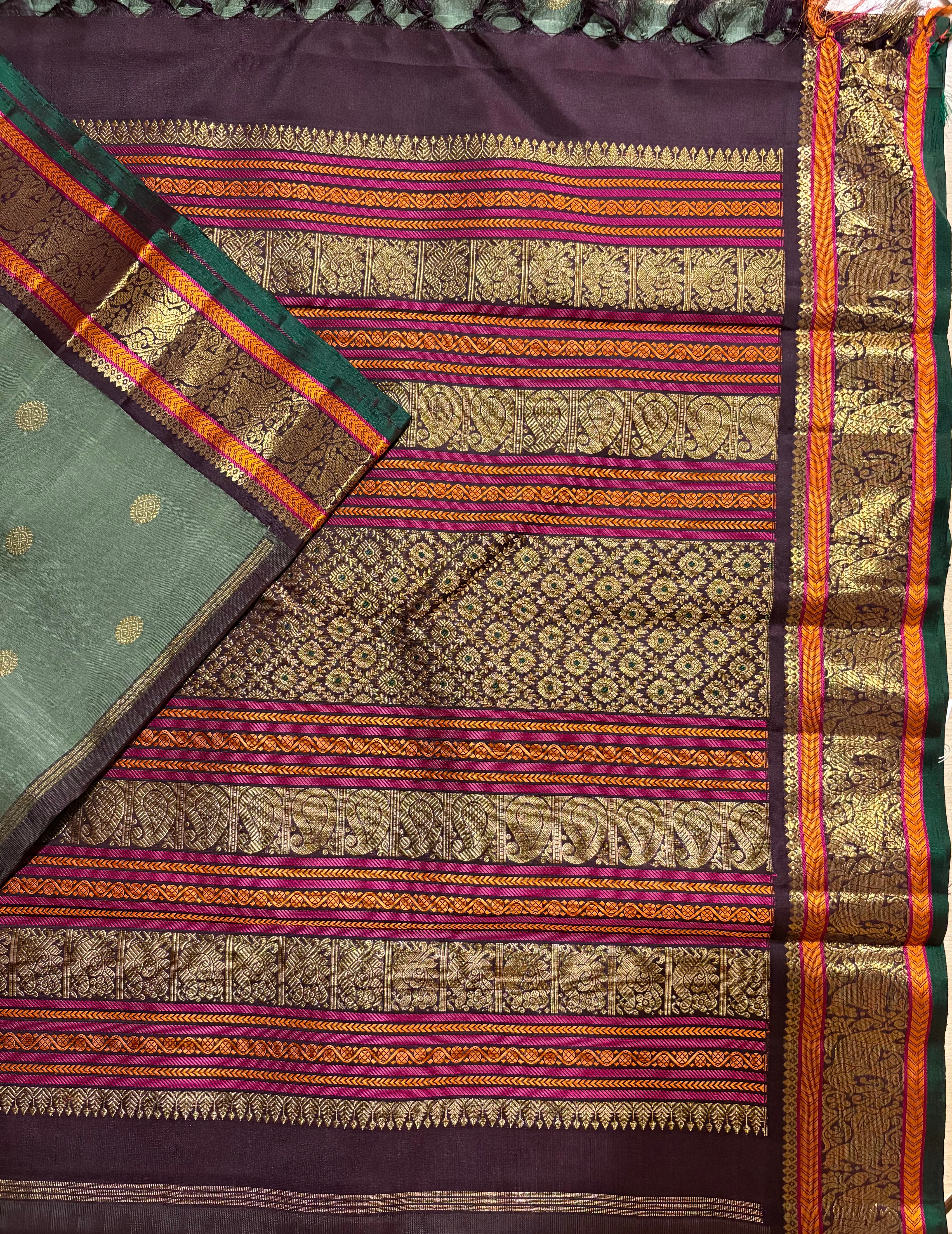 Deep Elaichi Green Korvai Kanjivaram Silk Saree with Kanchana border - RK0560