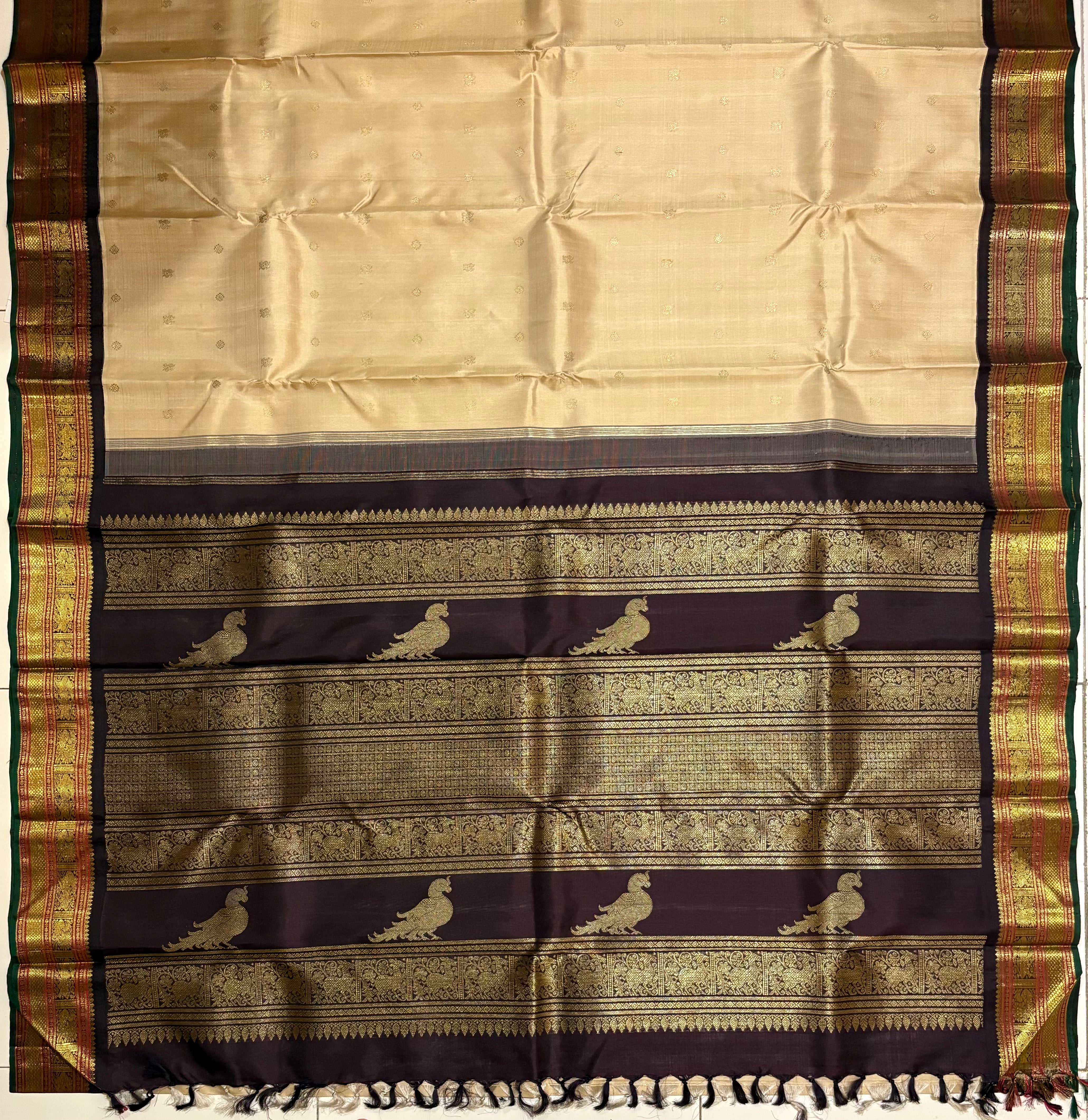 Rich Beige Korvai Kanjivaram Silk Saree with Kanchana border - RK0358