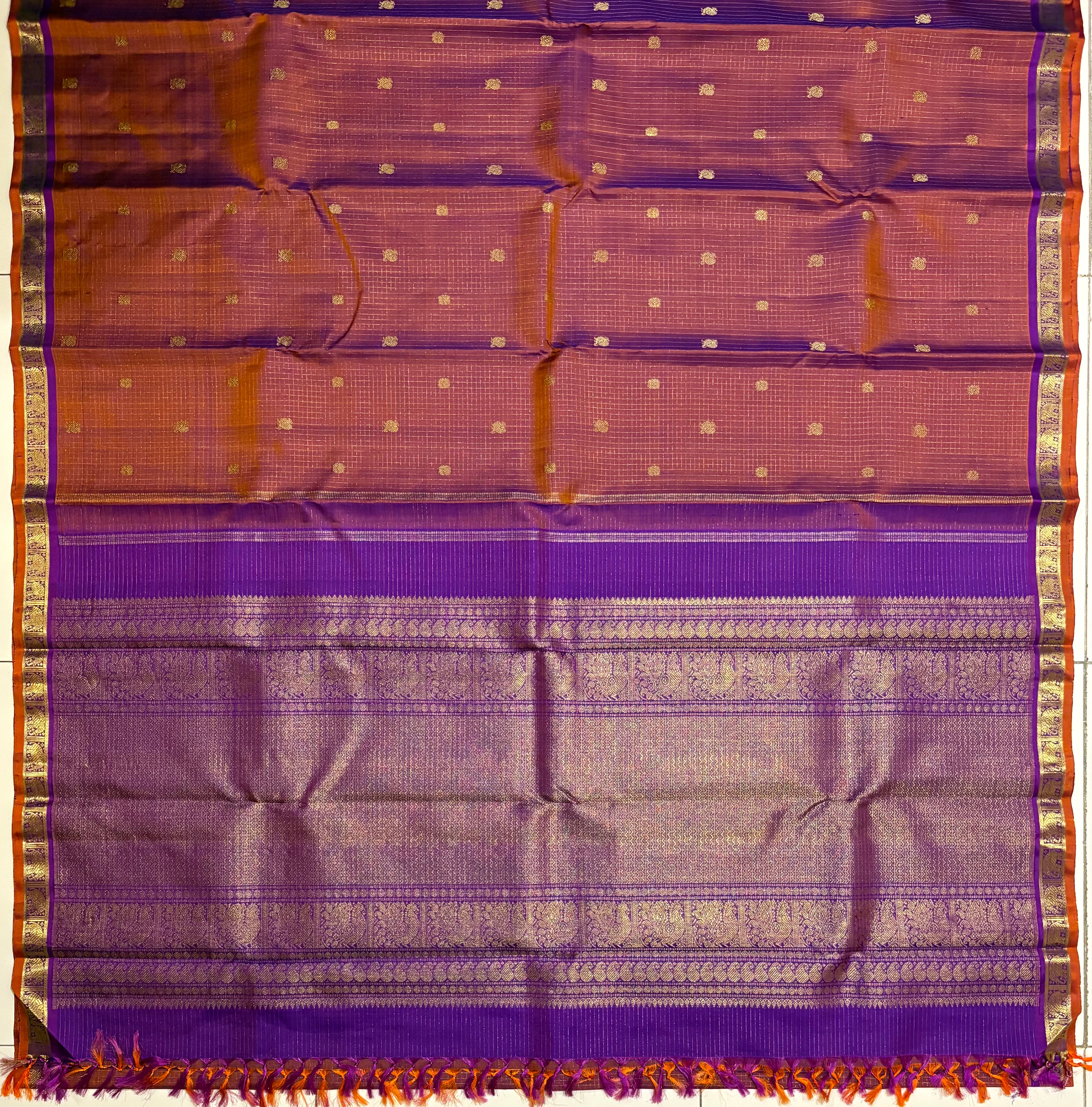 Deep Geva coloured Zari checks kanjivaram Silk Saree with Purple border          RK0551