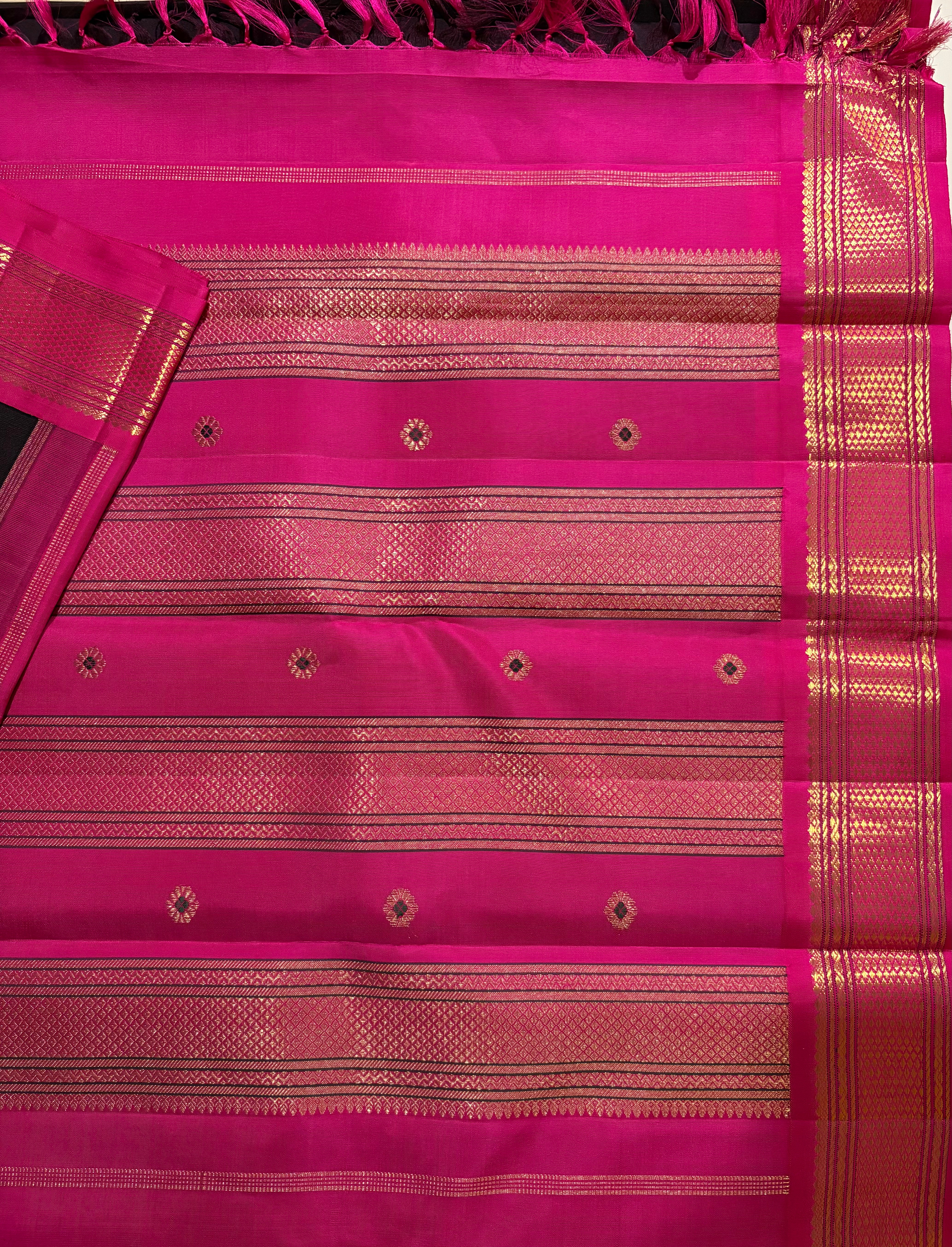 Dark Kanchana/black Korvai Kanjivaram Silk Saree with Candy Rose border - RK0556
