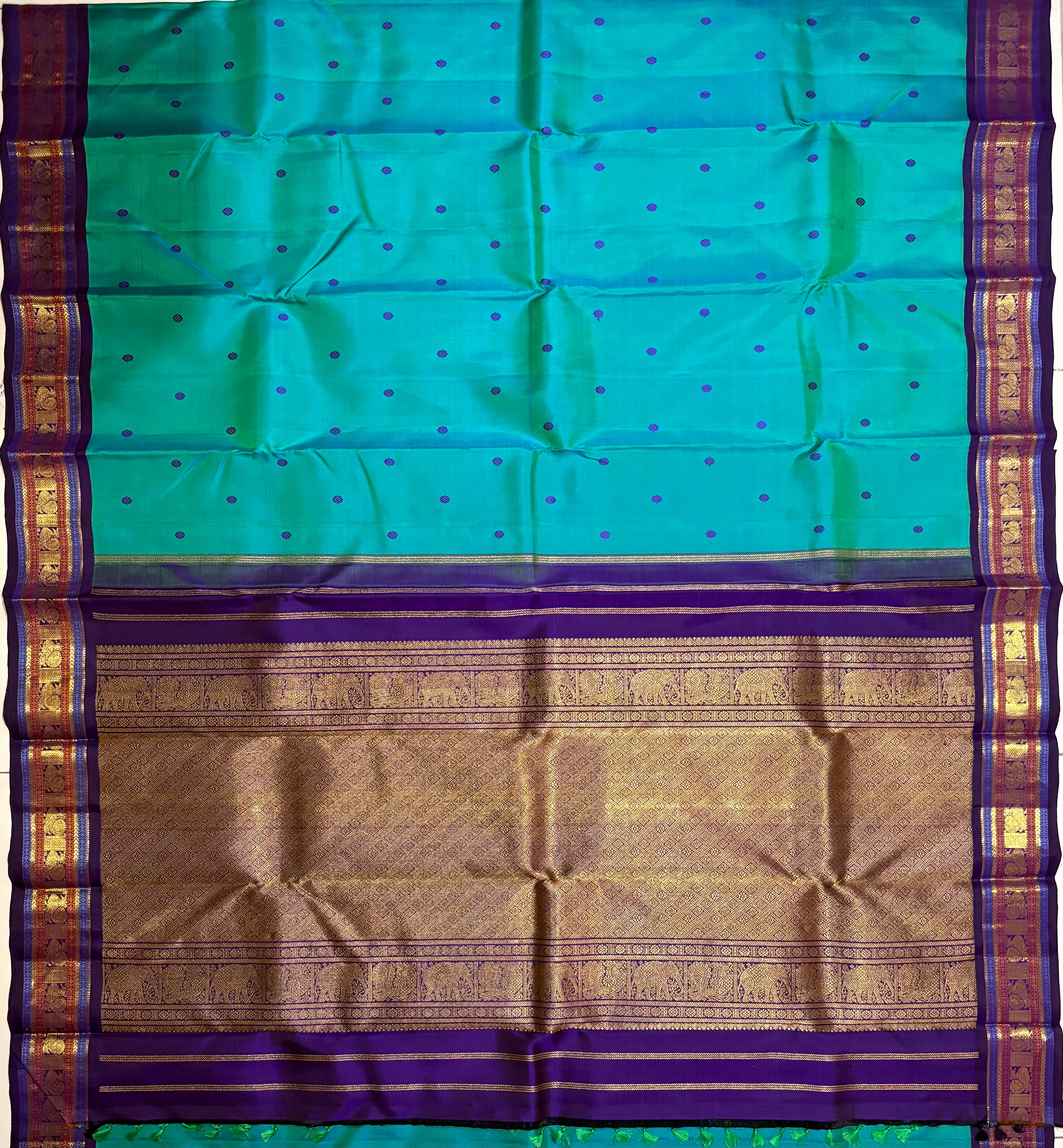 Turquoise double shaded Korvai Kanjivaram Silk Saree with purple border - RK0202