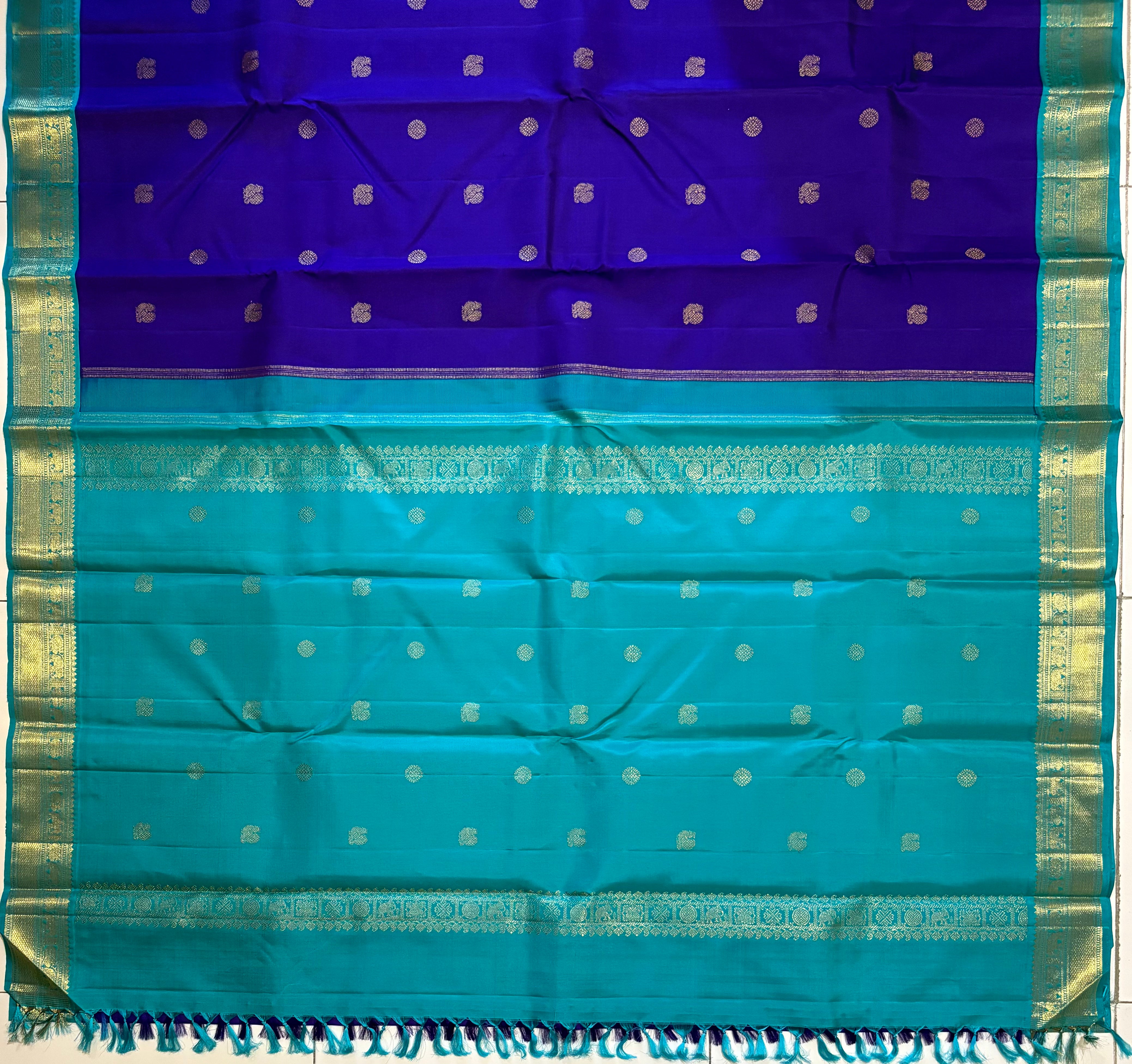 Deep purple Korvai Kanjivaram Silk Saree with Turquoise border - RK0284