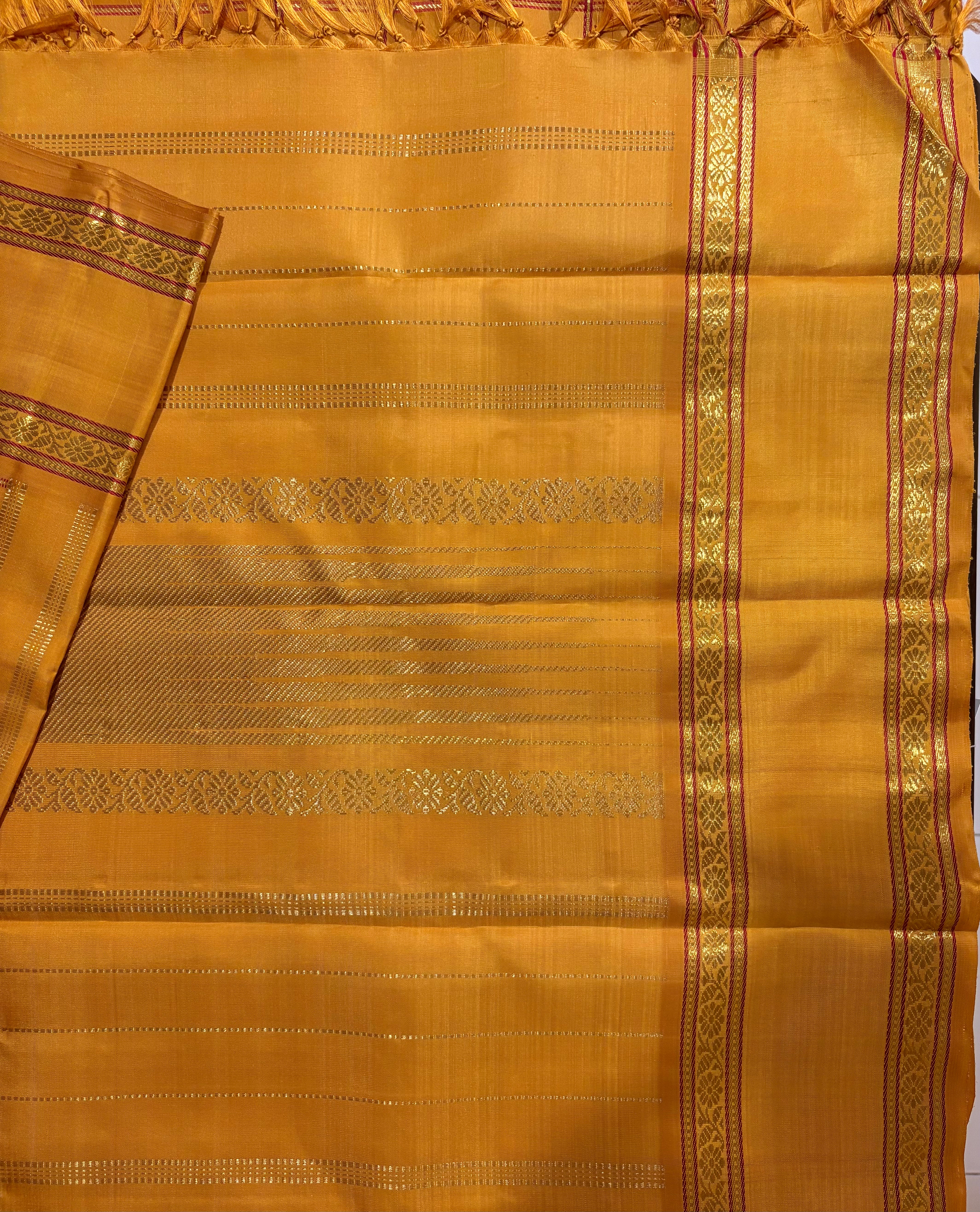 Golden Mustard Veldhari Kattam Monotone Kanjivaram Silk Saree - RK0555