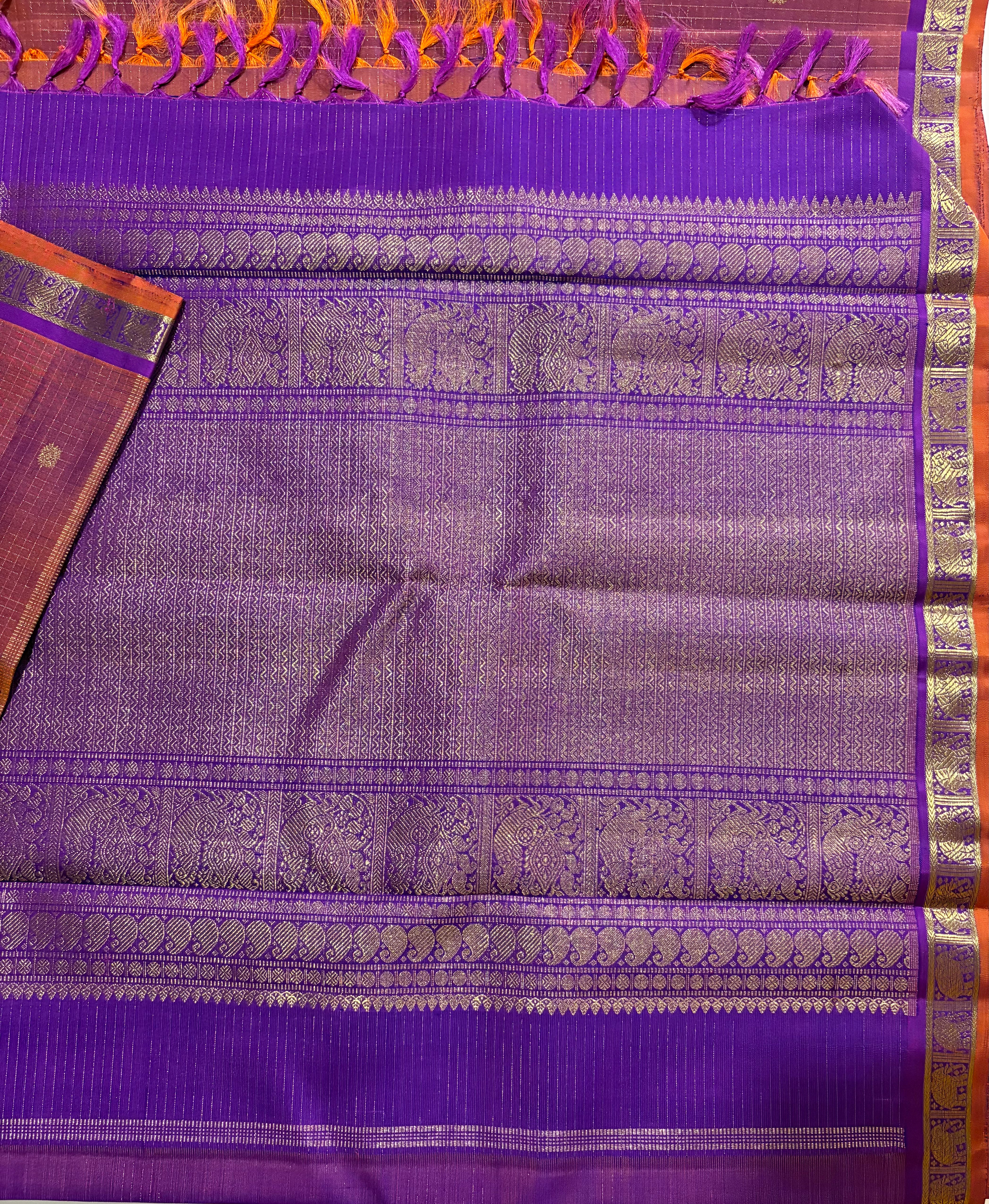 Deep Geva coloured Zari checks kanjivaram Silk Saree with Purple border          RK0551