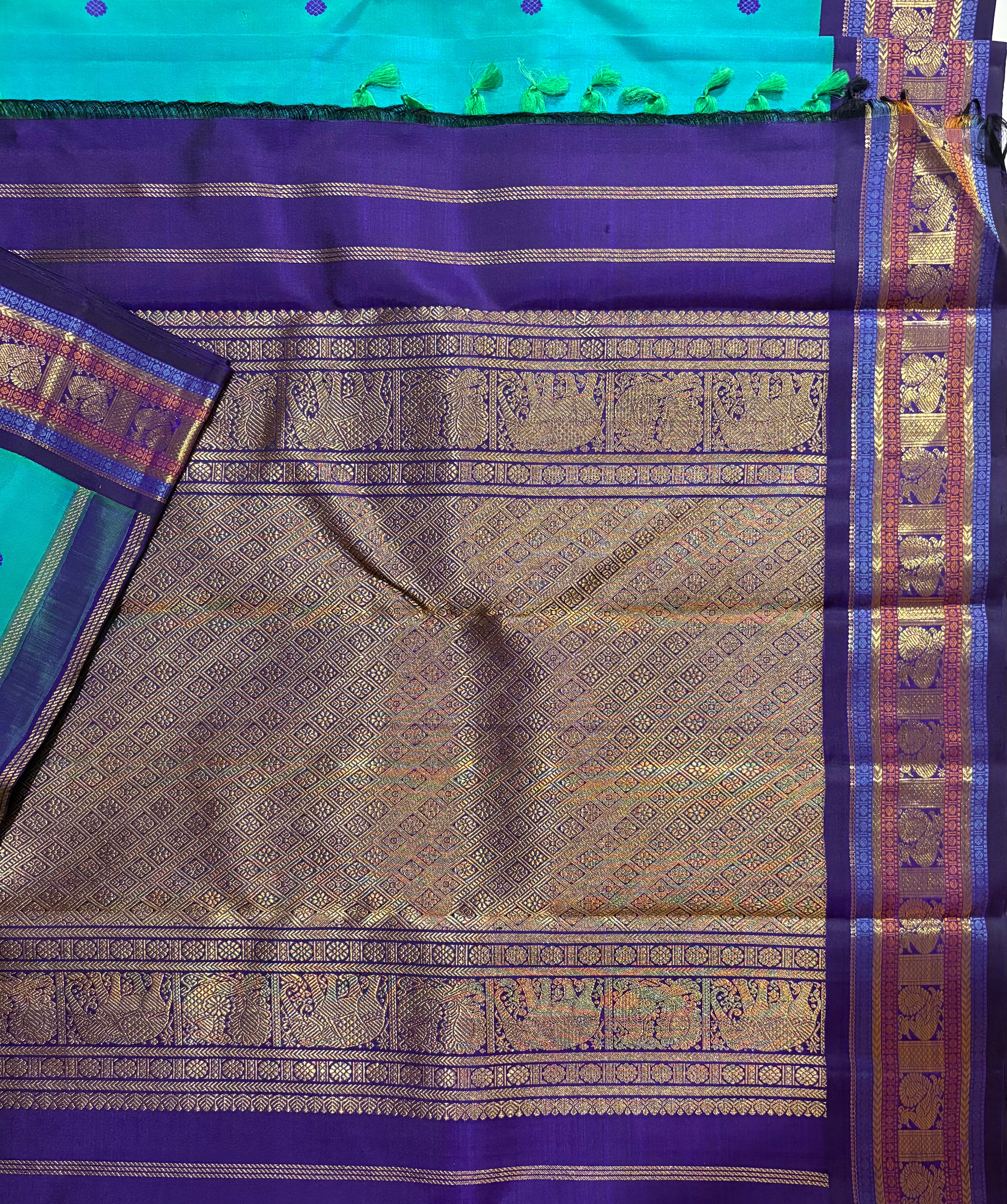 Turquoise double shaded Korvai Kanjivaram Silk Saree with purple border - RK0202