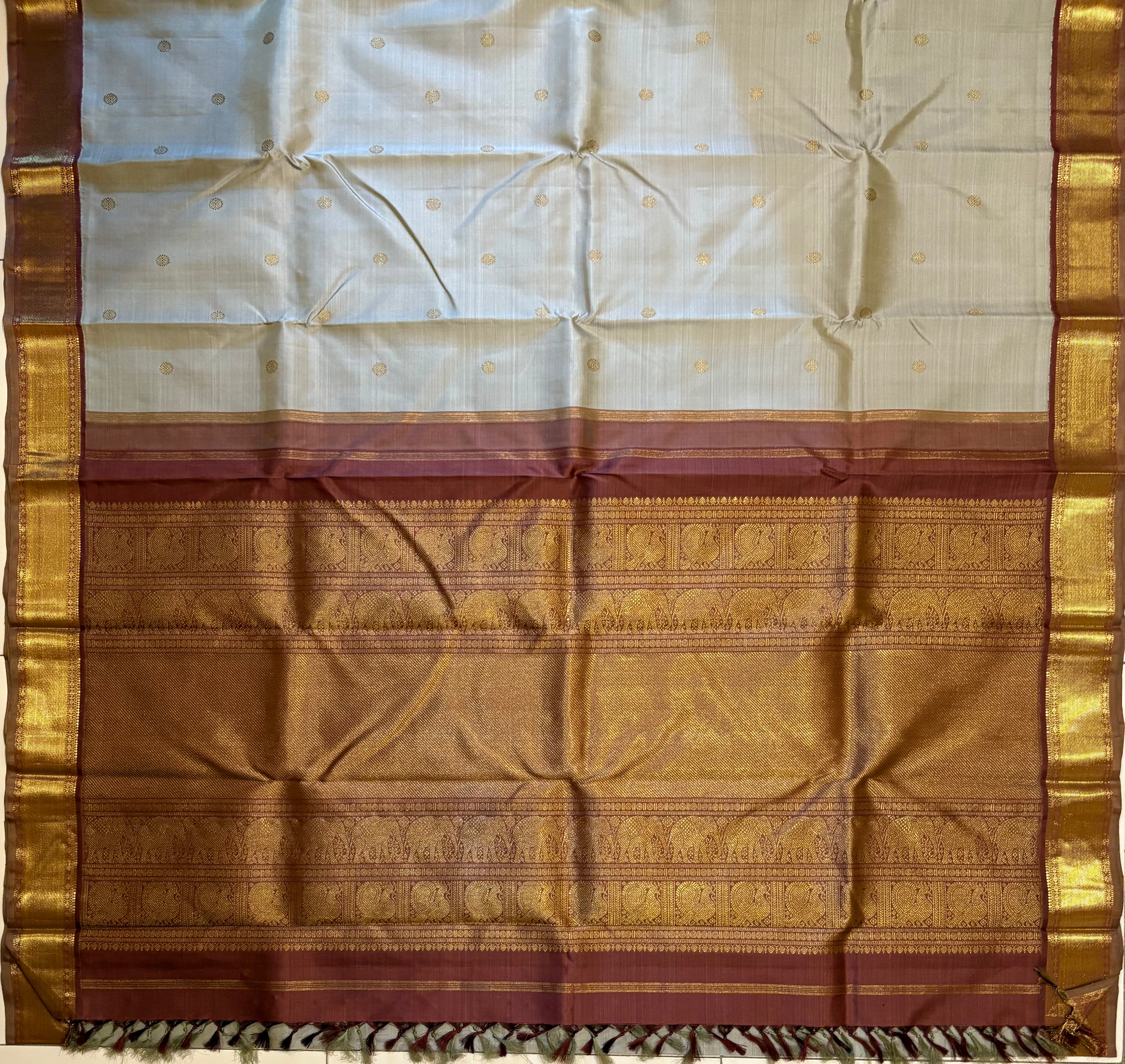 Light Cool Grey Korvai Kanchivaram Silk Saree with  woody brown border - RK076
