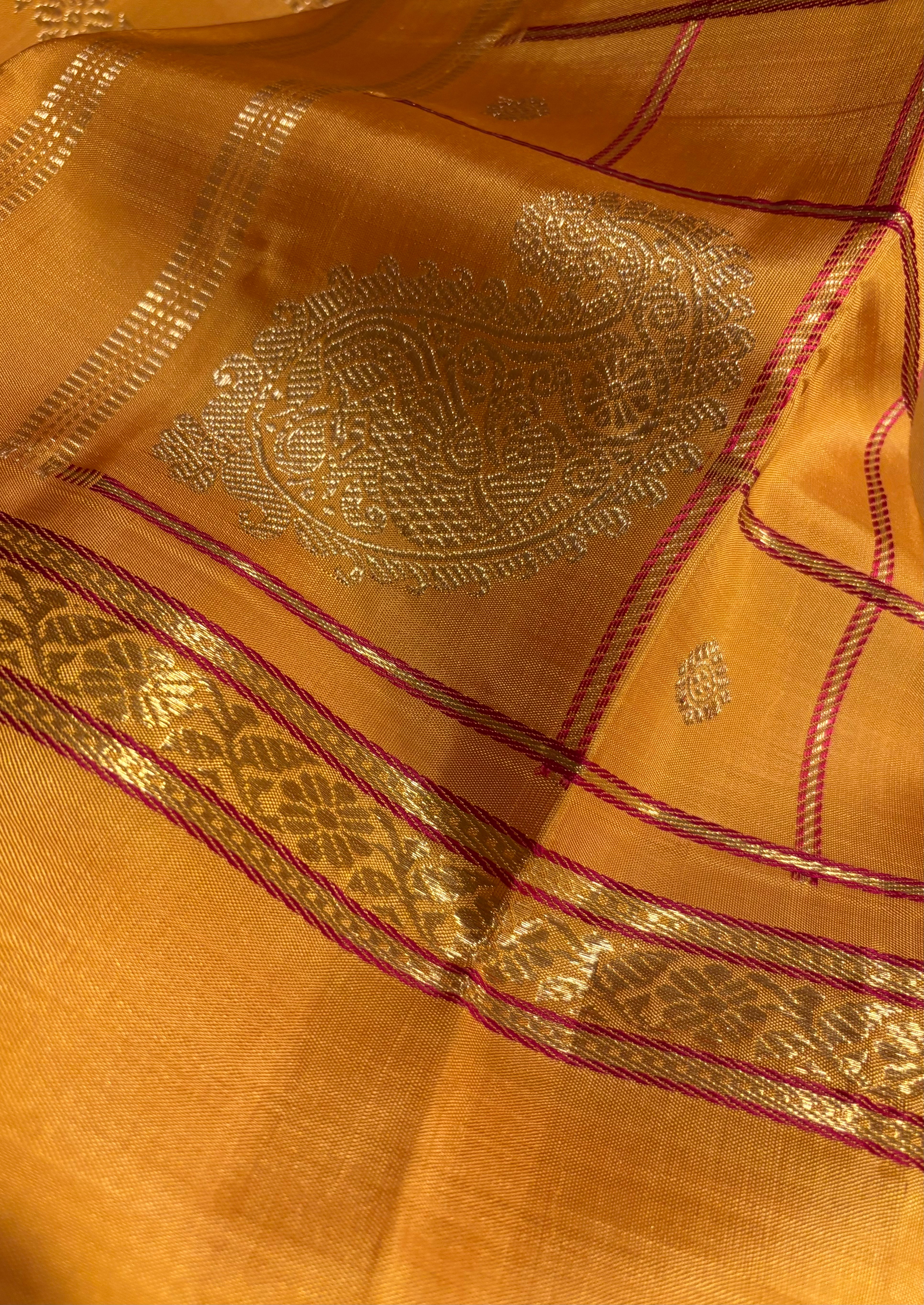 Golden Mustard Veldhari Kattam Monotone Kanjivaram Silk Saree - RK0555