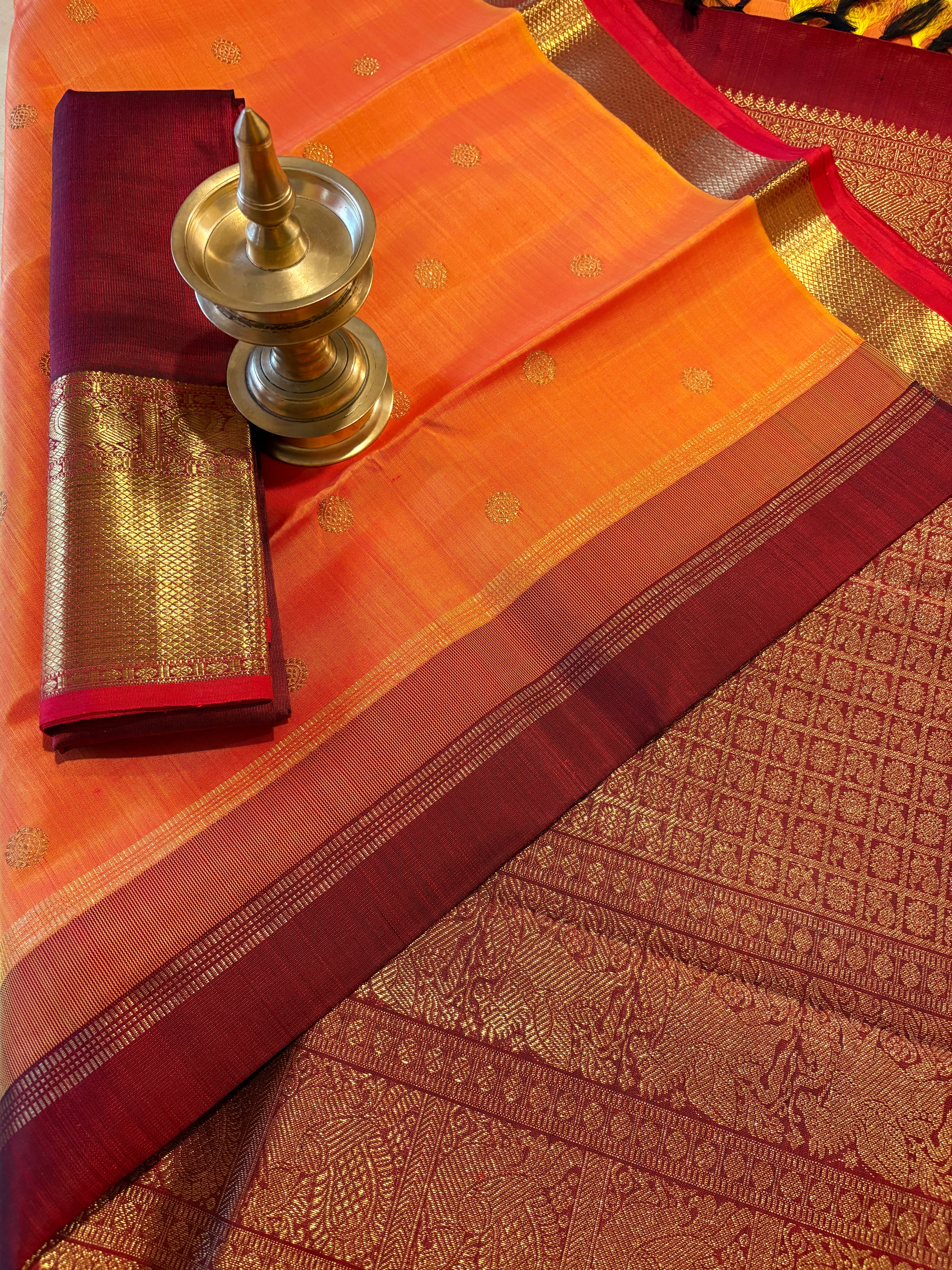 Golden Orange Kanjivaram Silk Saree with Maroon border - RK0136