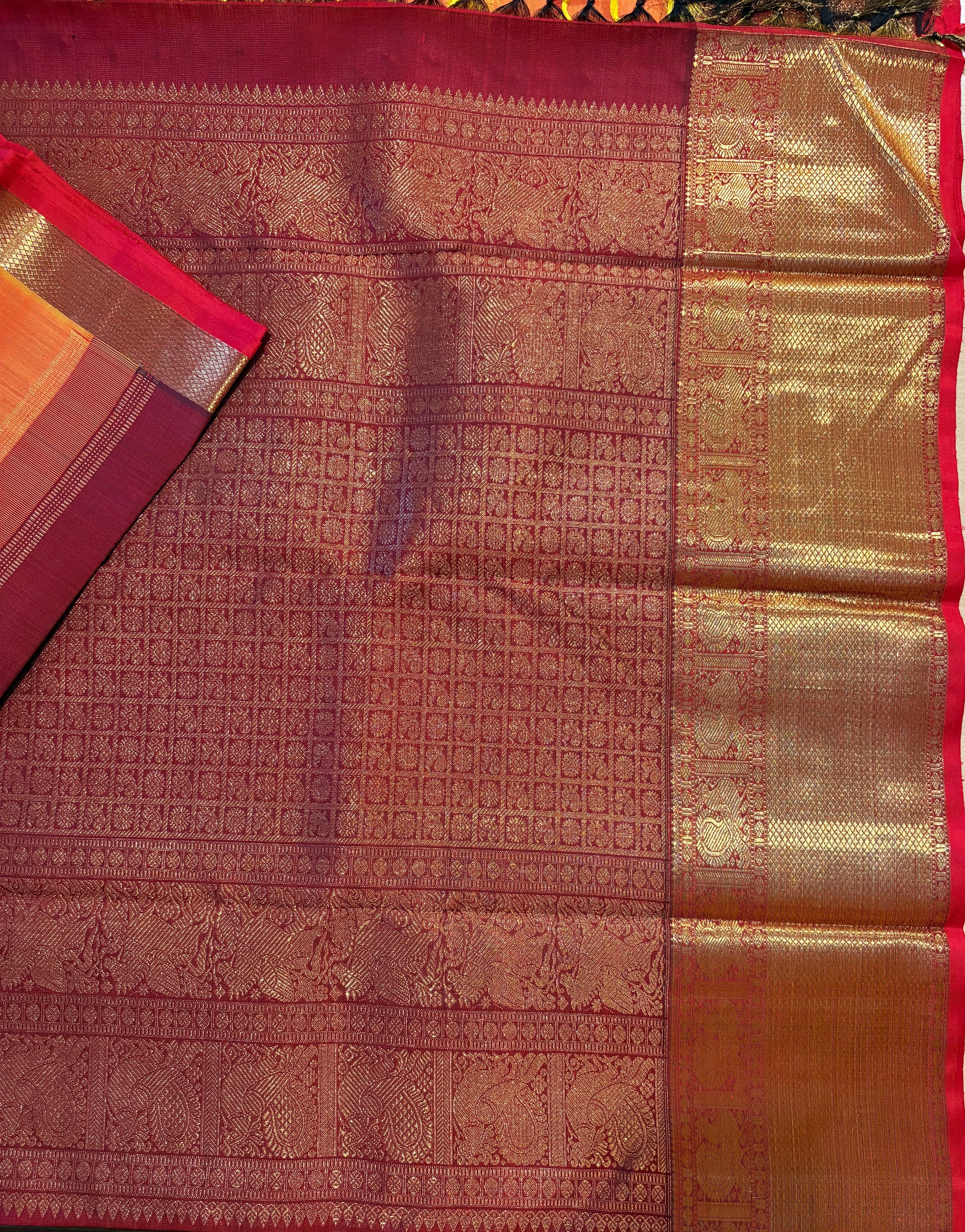 Golden Orange Kanjivaram Silk Saree with Maroon border - RK0136