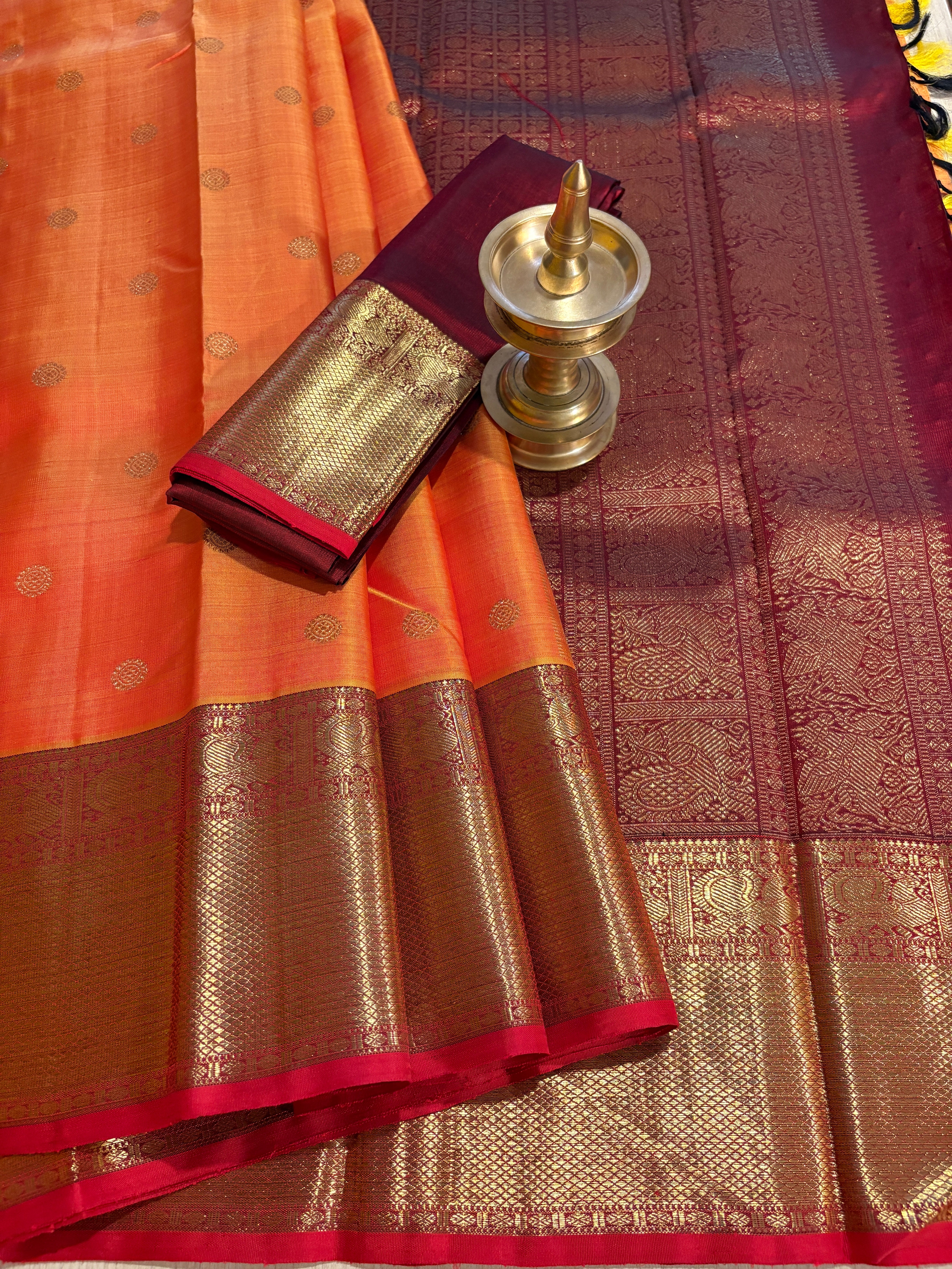 Golden Orange Kanjivaram Silk Saree with Maroon border - RK0136