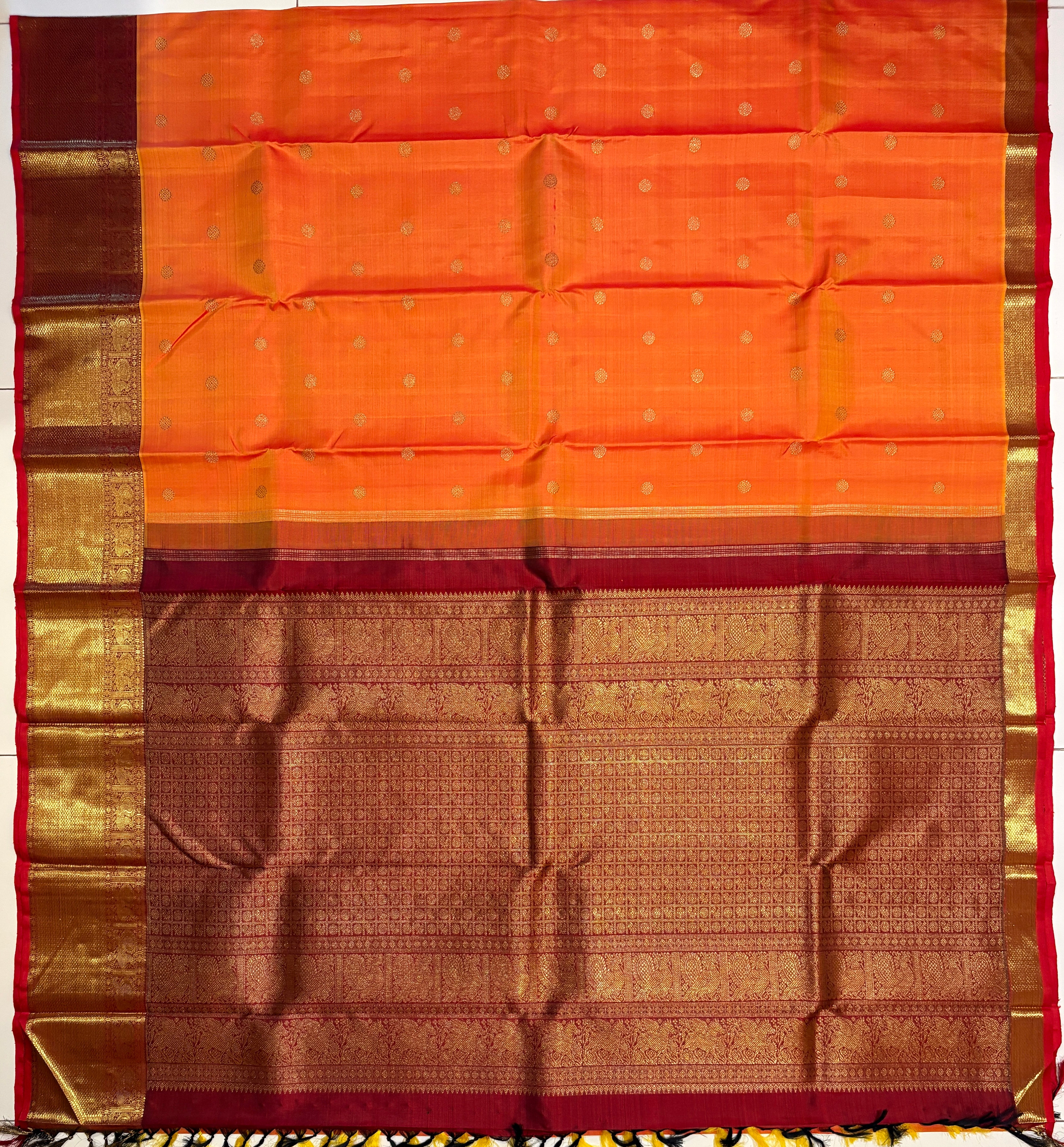 Golden Orange Kanjivaram Silk Saree with Maroon border - RK0136