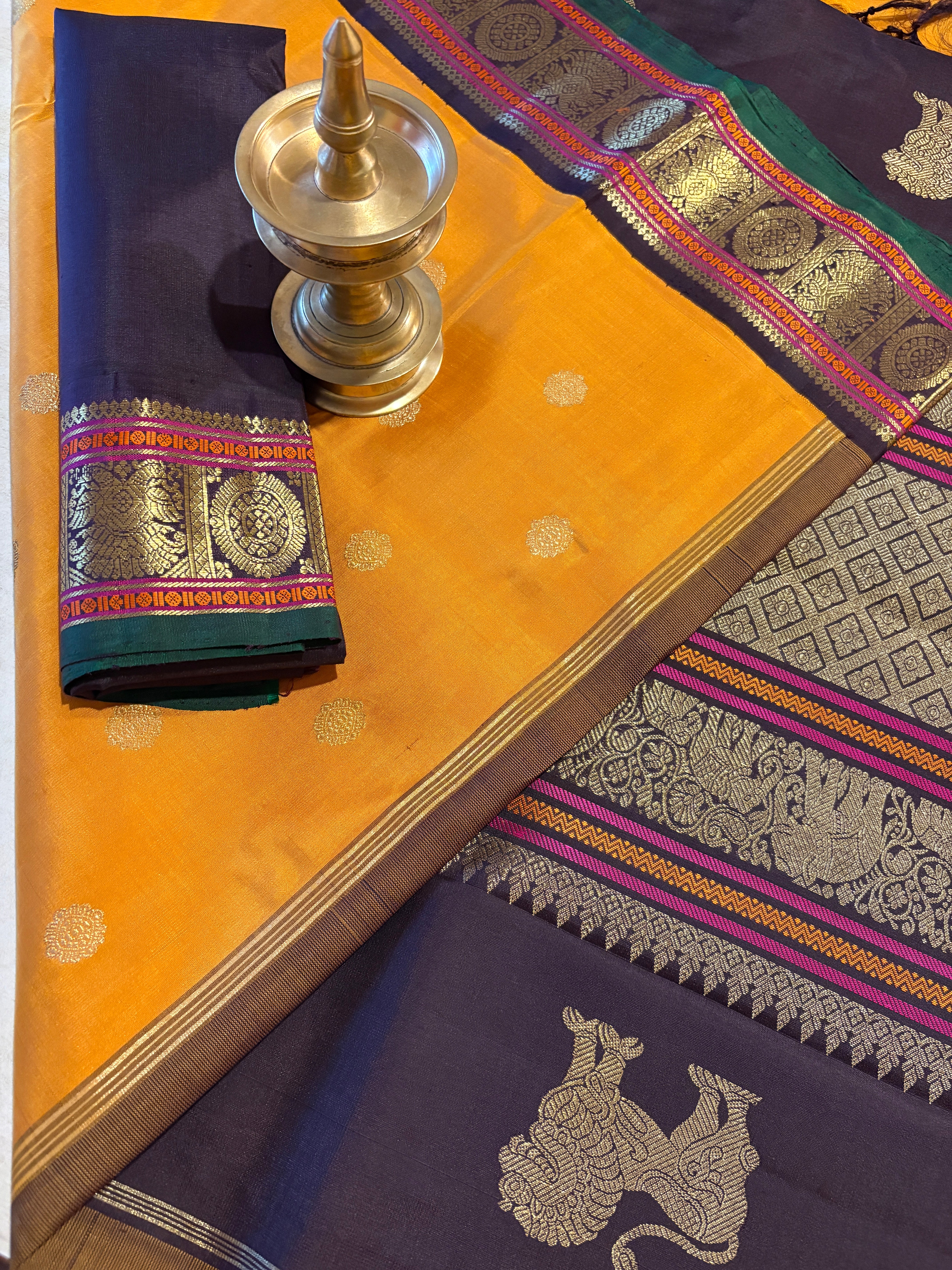 Rich Mustard korvai Kanjivaram Silk Saree with Kanchana border - RK0672