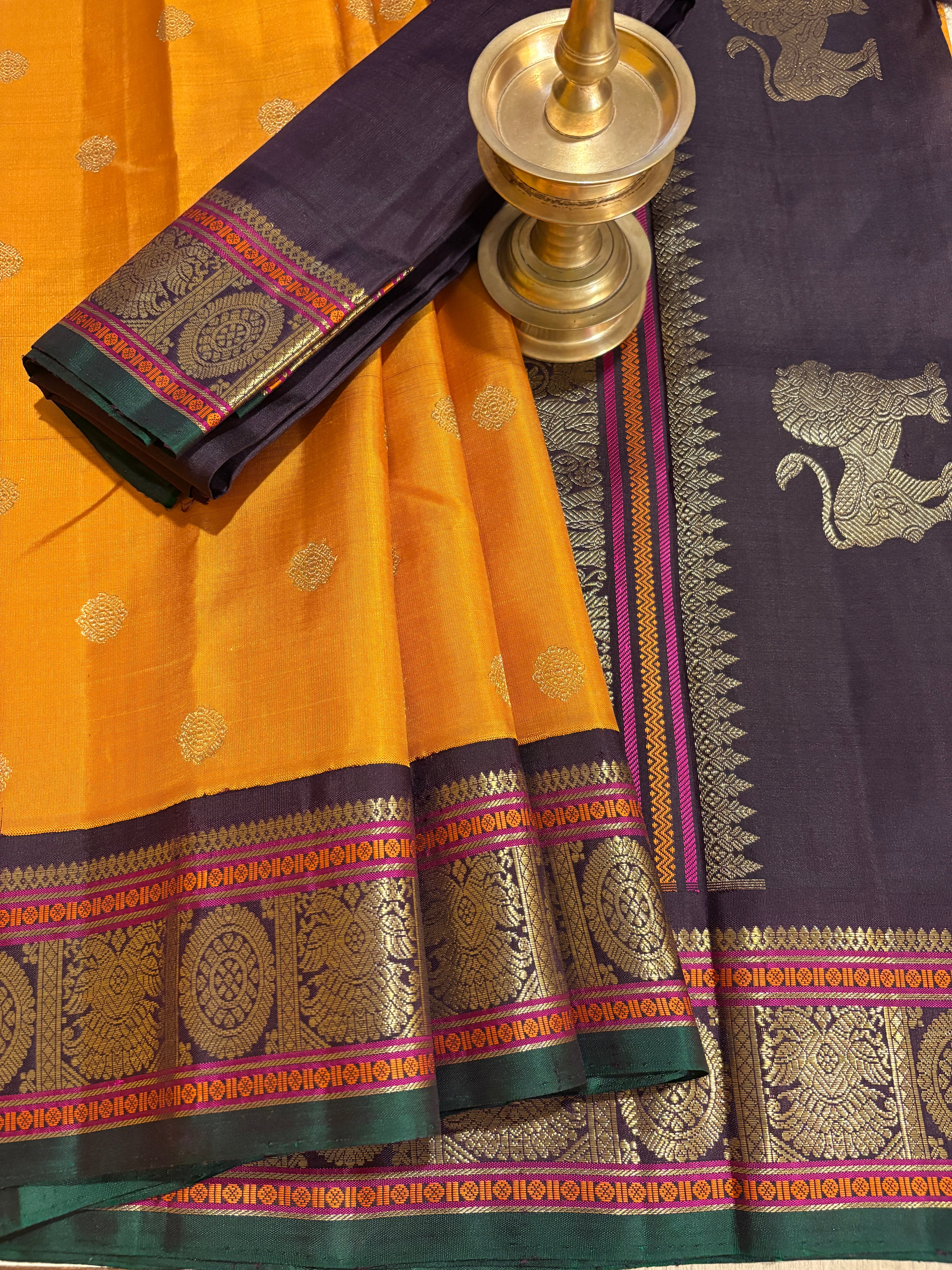 Rich Mustard korvai Kanjivaram Silk Saree with Kanchana border - RK0672