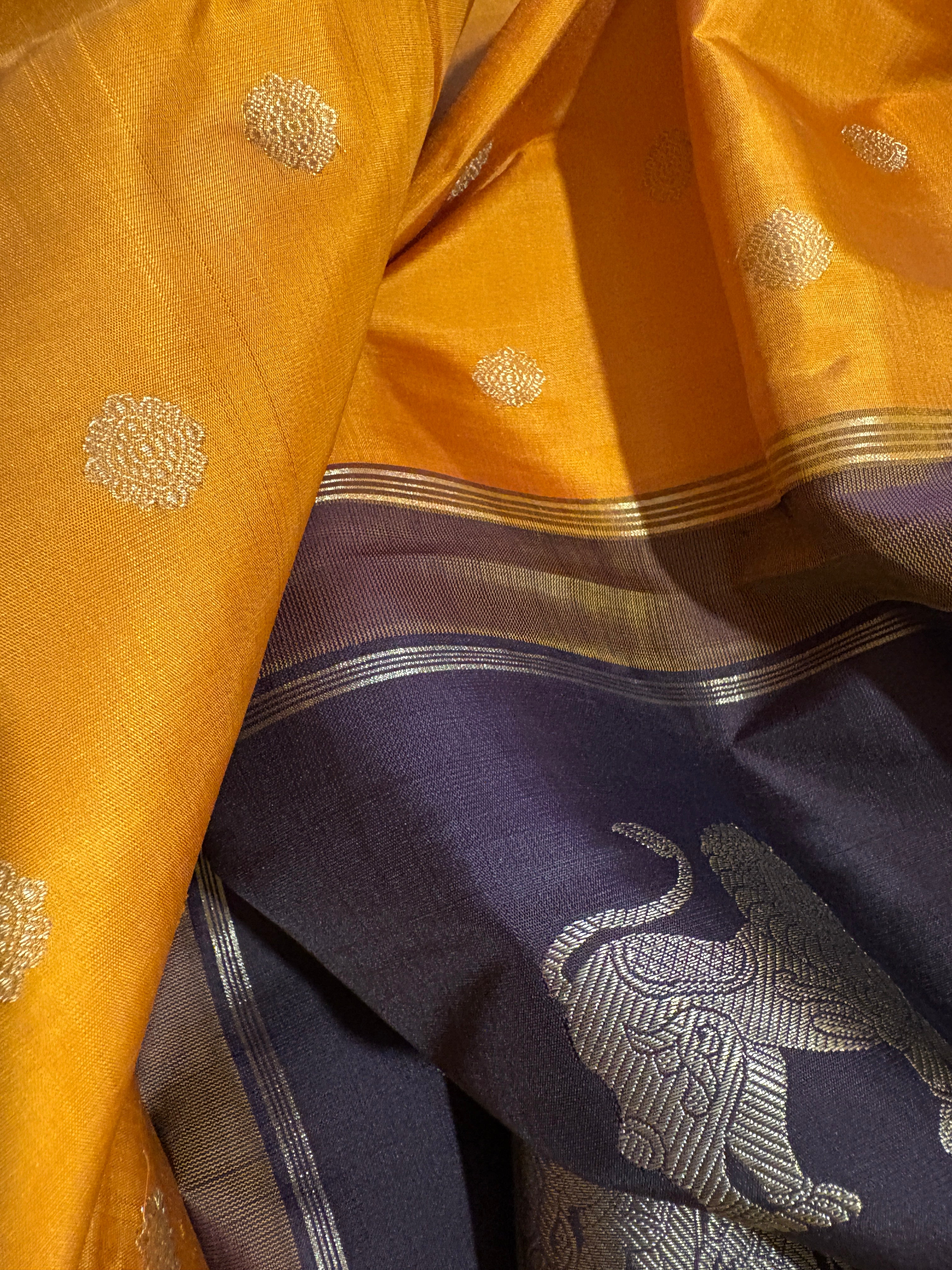 Rich Mustard korvai Kanjivaram Silk Saree with Kanchana border - RK0672