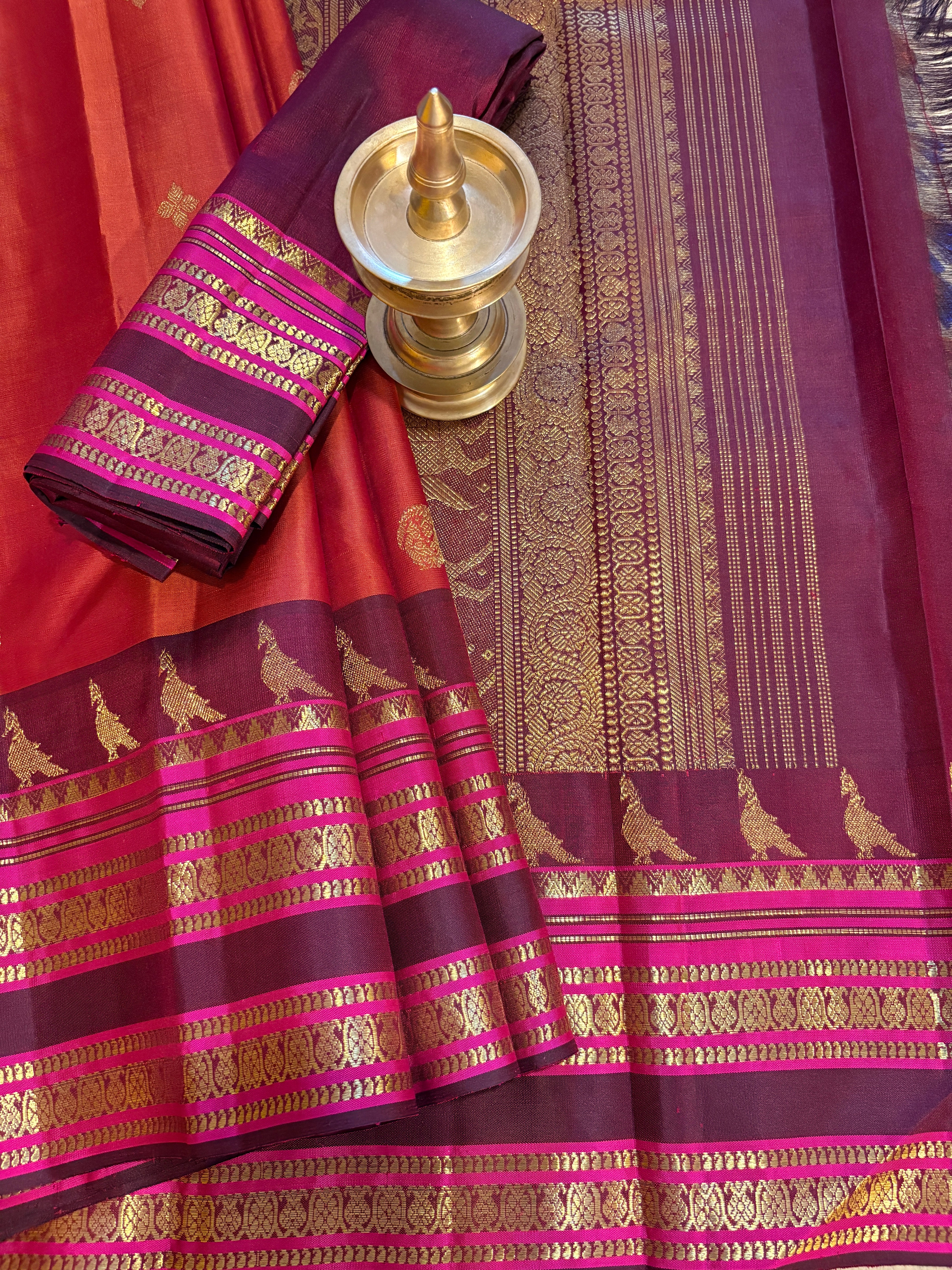 Ravishing Rust Kanjivaram Silk Saree with Maroon border - RK0752