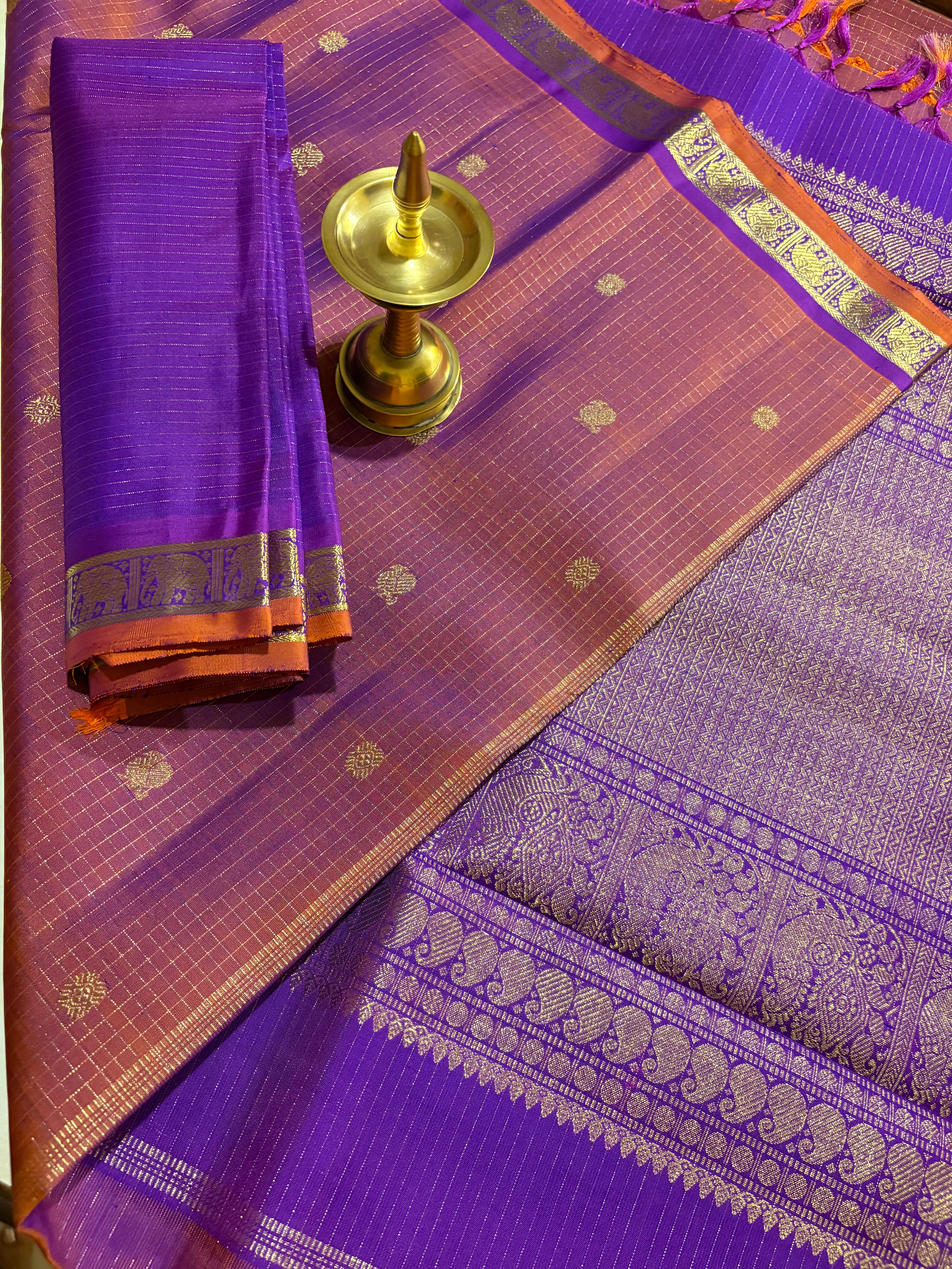 Deep Geva coloured Zari checks kanjivaram Silk Saree with Purple border          RK0551