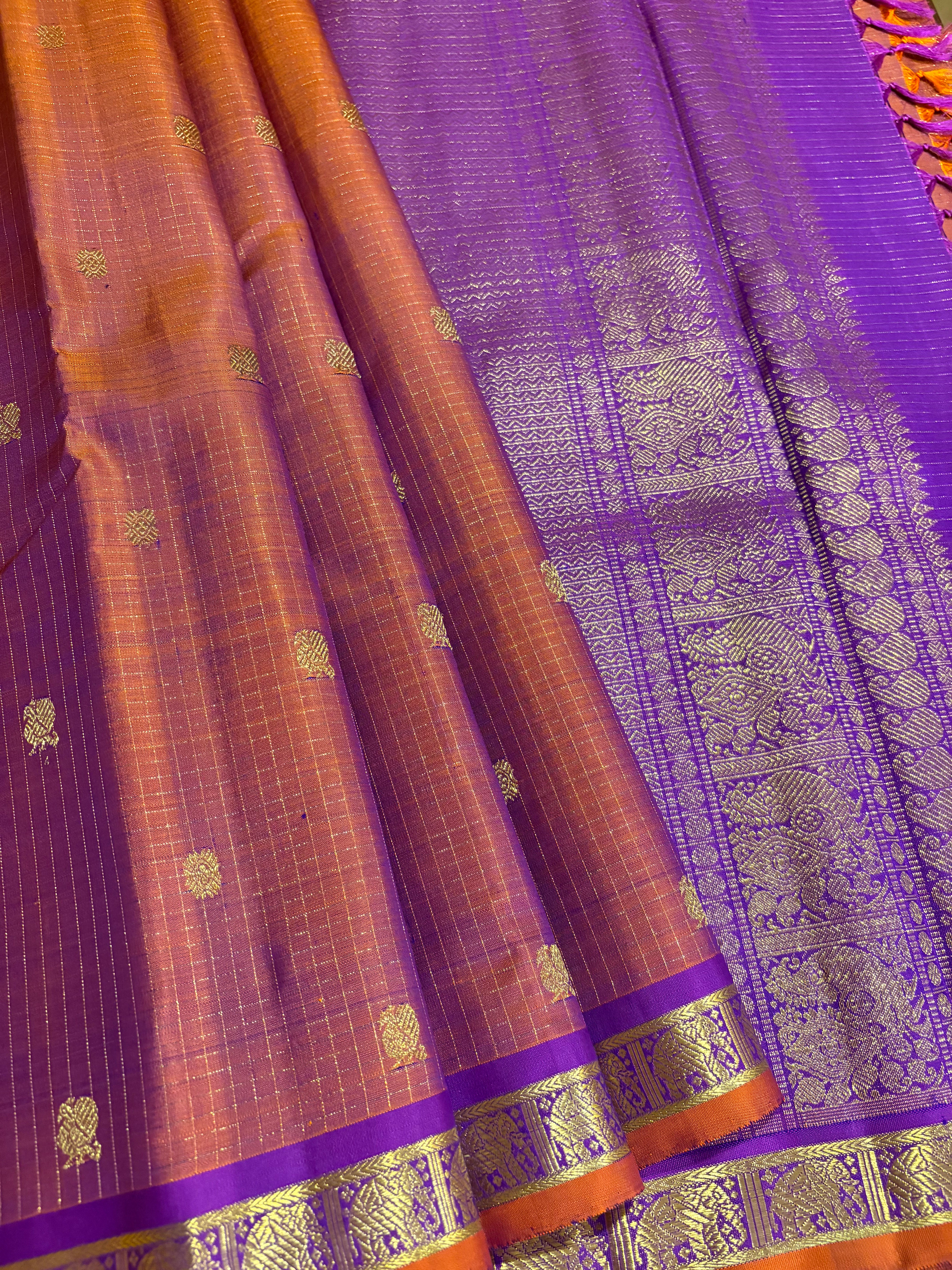Deep Geva coloured Zari checks kanjivaram Silk Saree with Purple border          RK0551