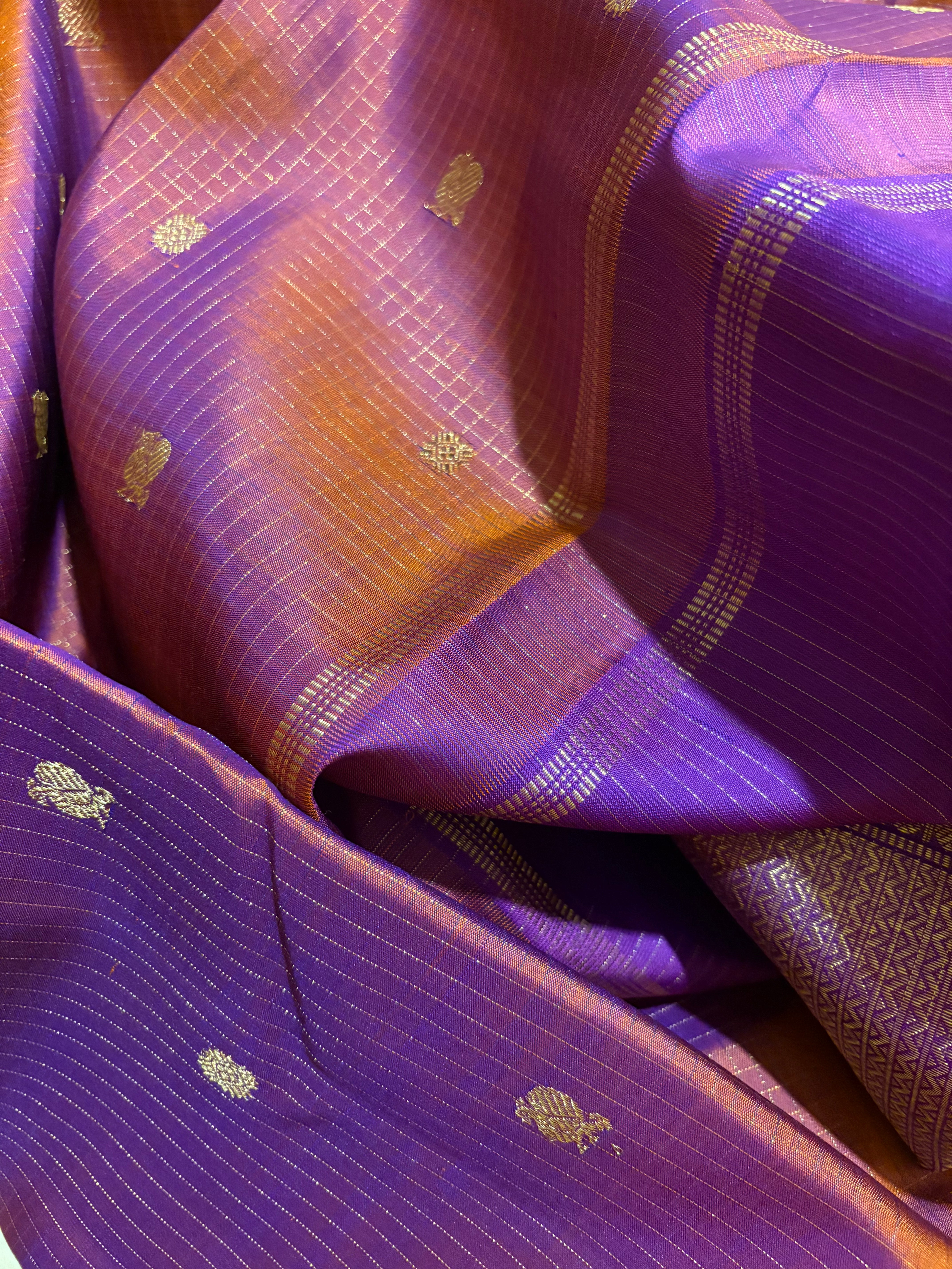 Deep Geva coloured Zari checks kanjivaram Silk Saree with Purple border          RK0551