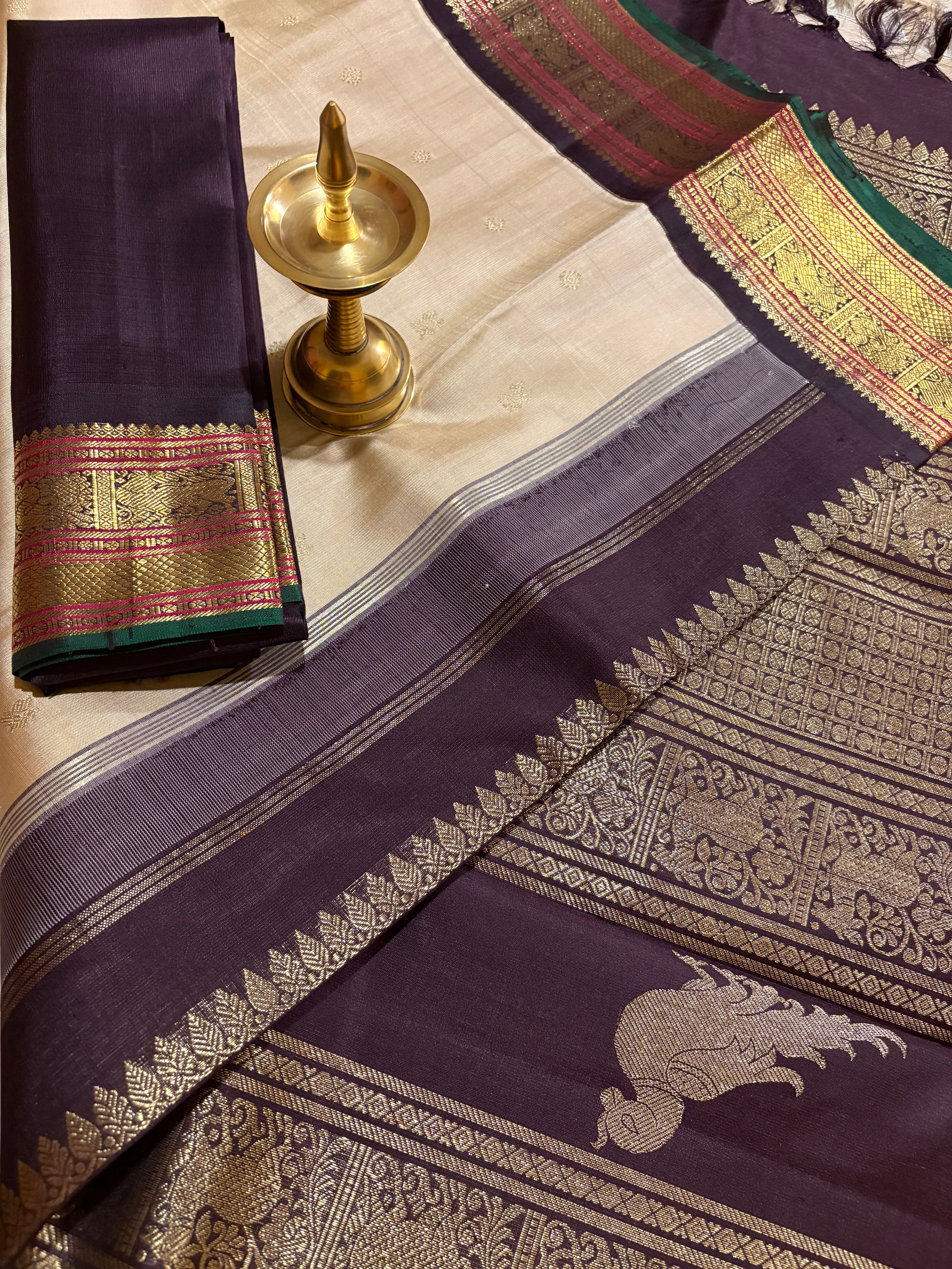 Rich Beige Korvai Kanjivaram Silk Saree with Kanchana border - RK0358