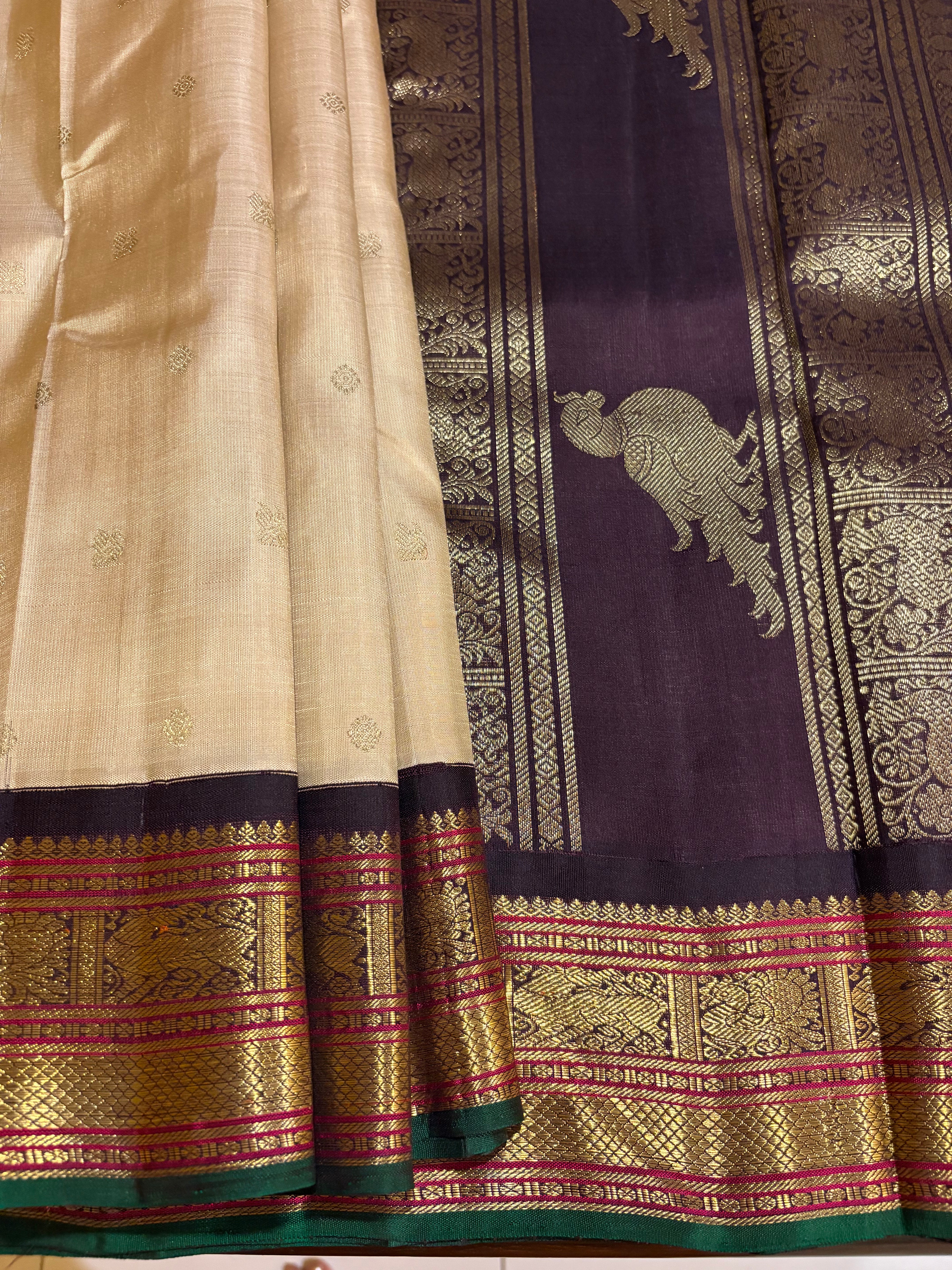 Rich Beige Korvai Kanjivaram Silk Saree with Kanchana border - RK0358