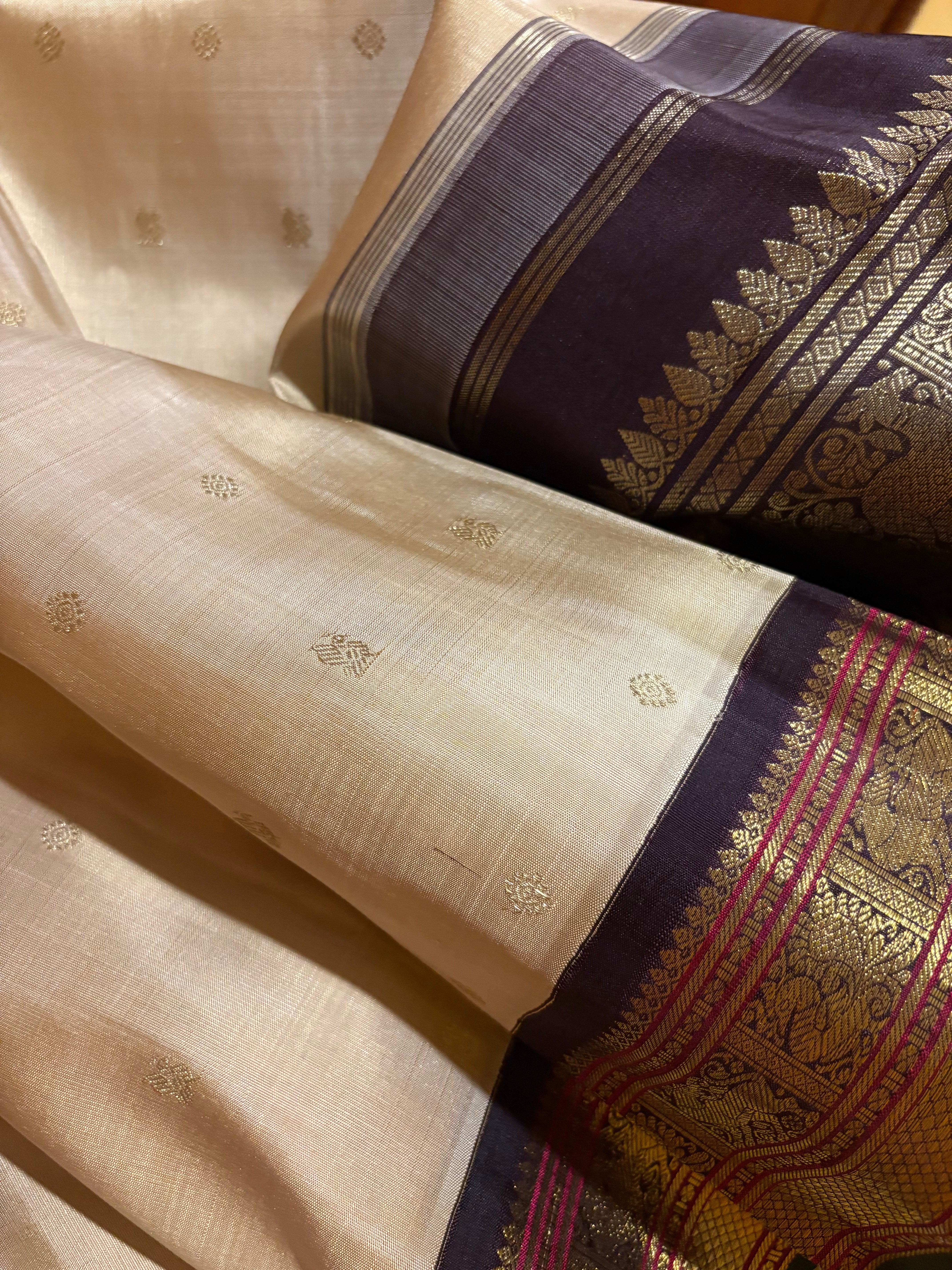 Rich Beige Korvai Kanjivaram Silk Saree with Kanchana border - RK0358