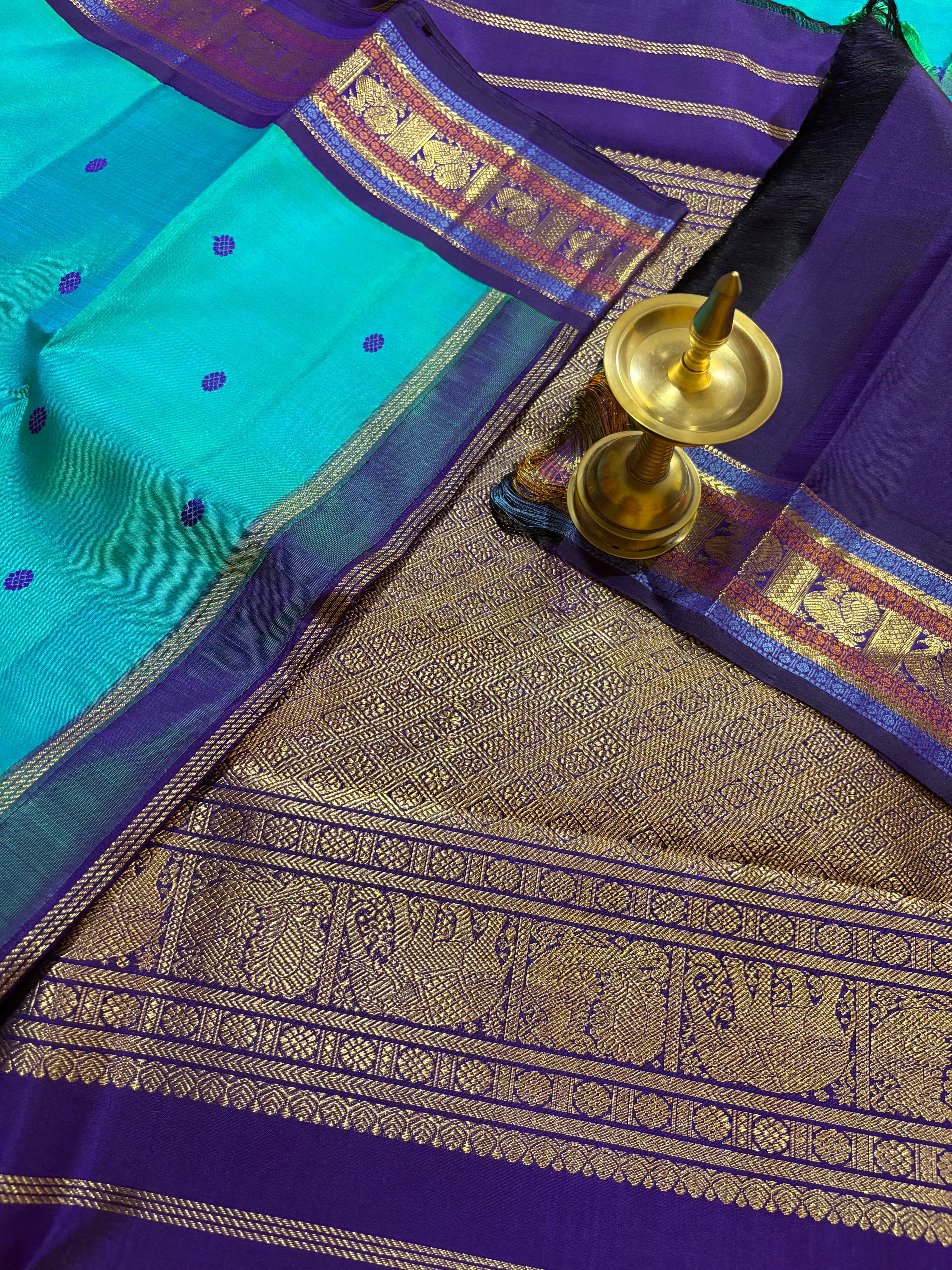 Turquoise double shaded Korvai Kanjivaram Silk Saree with purple border - RK0202