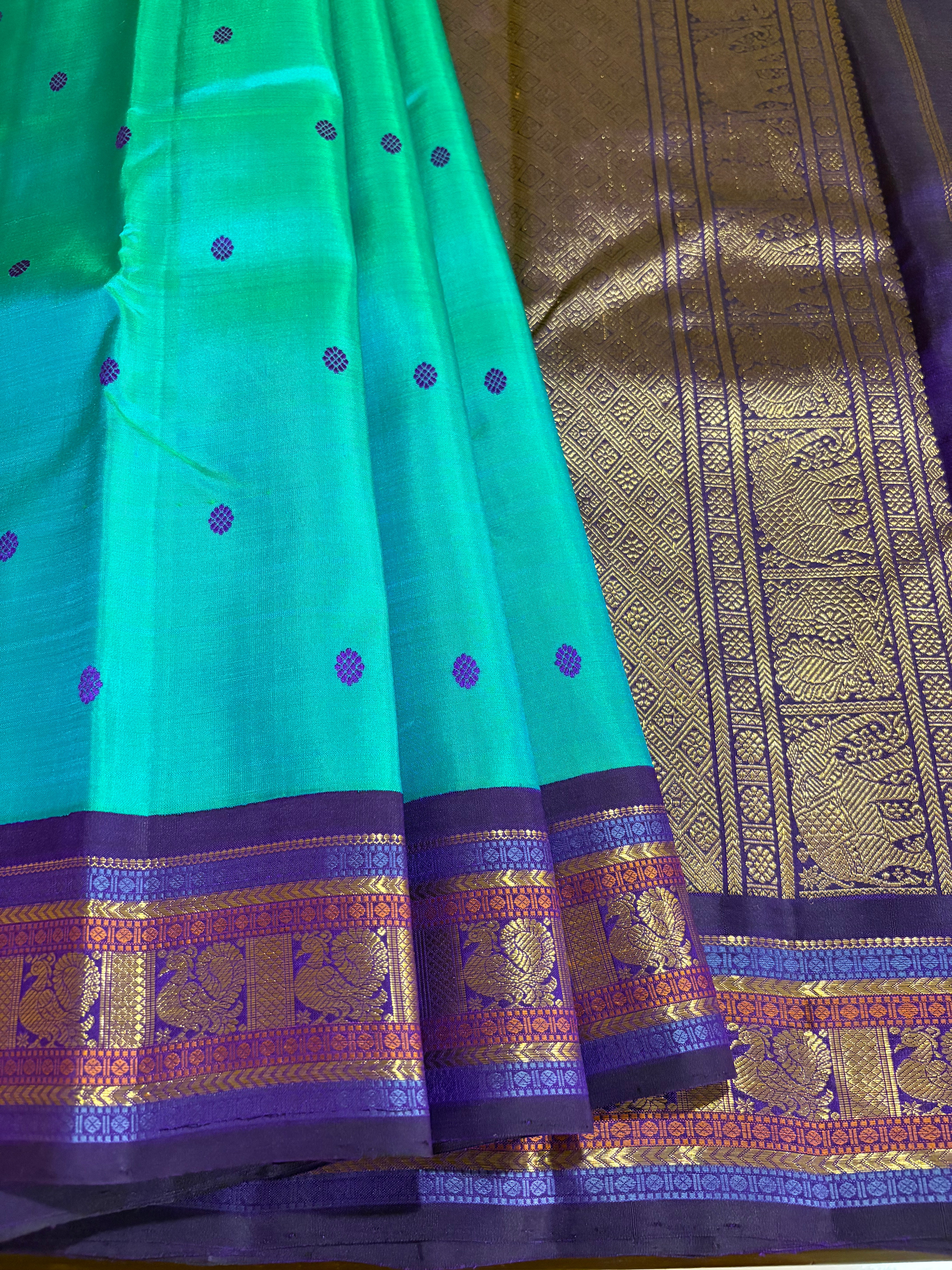 Turquoise double shaded Korvai Kanjivaram Silk Saree with purple border - RK0202