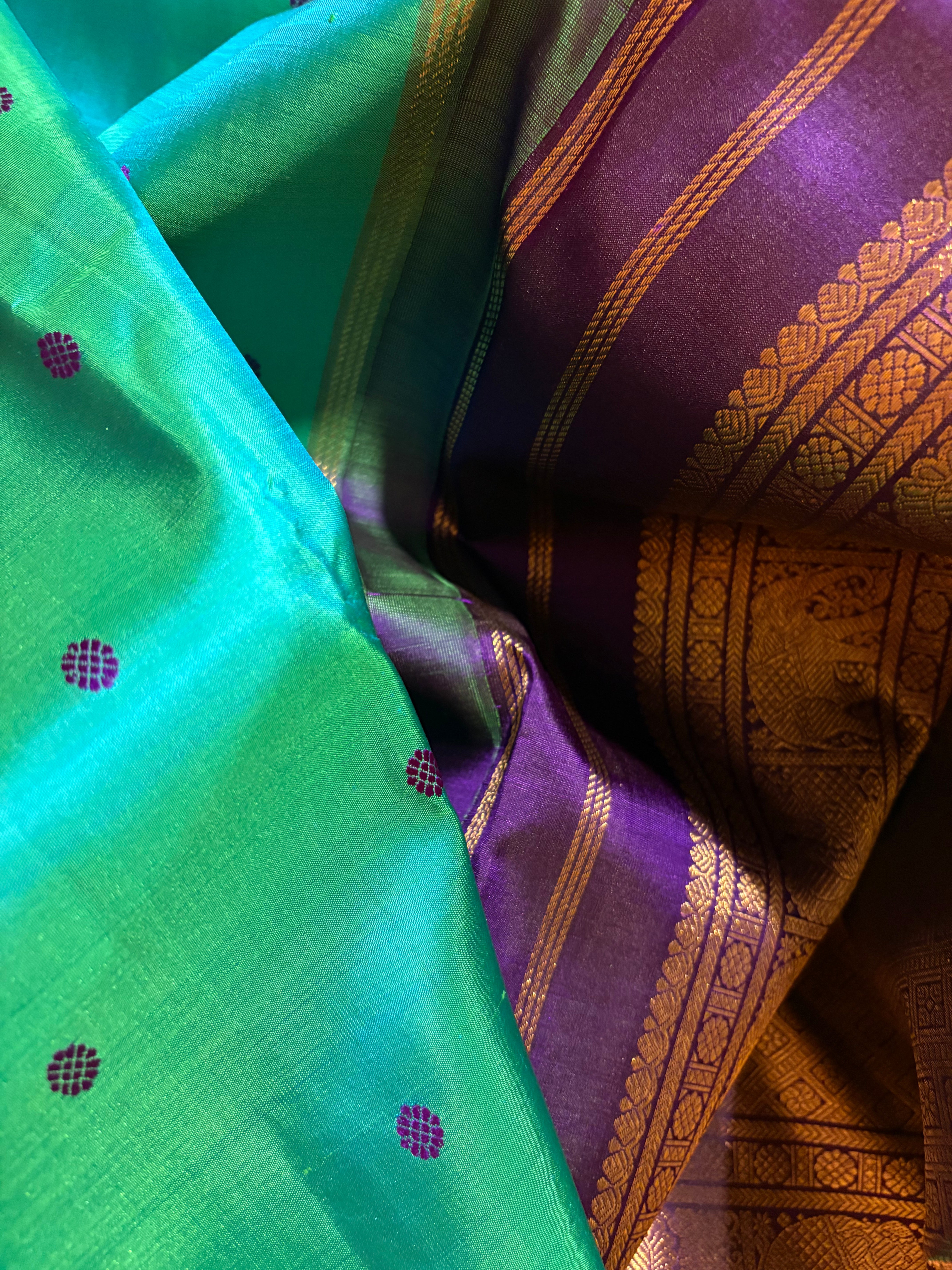 Turquoise double shaded Korvai Kanjivaram Silk Saree with purple border - RK0202