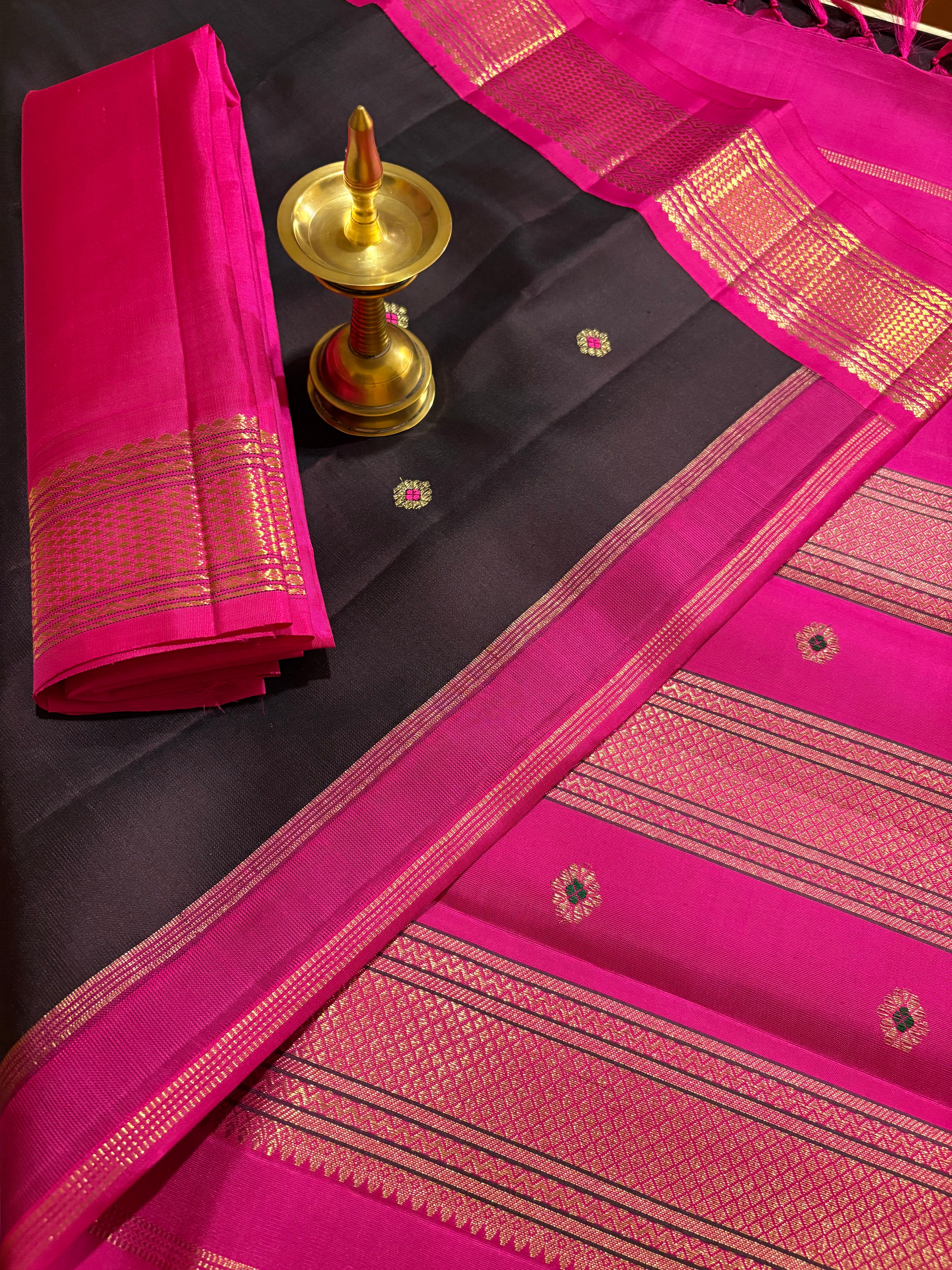 Dark Kanchana/black Korvai Kanjivaram Silk Saree with Candy Rose border - RK0556