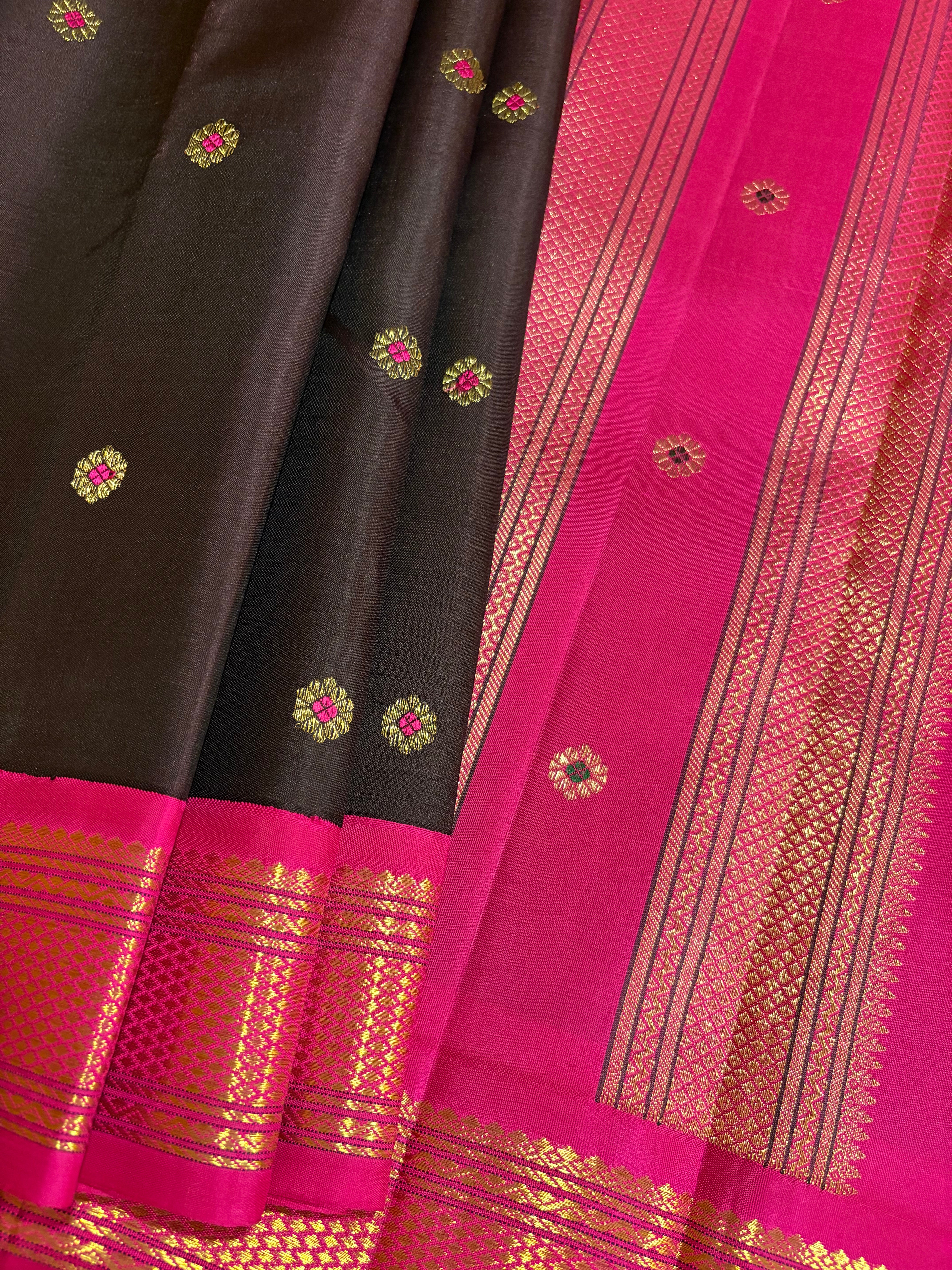 Dark Kanchana/black Korvai Kanjivaram Silk Saree with Candy Rose border - RK0556