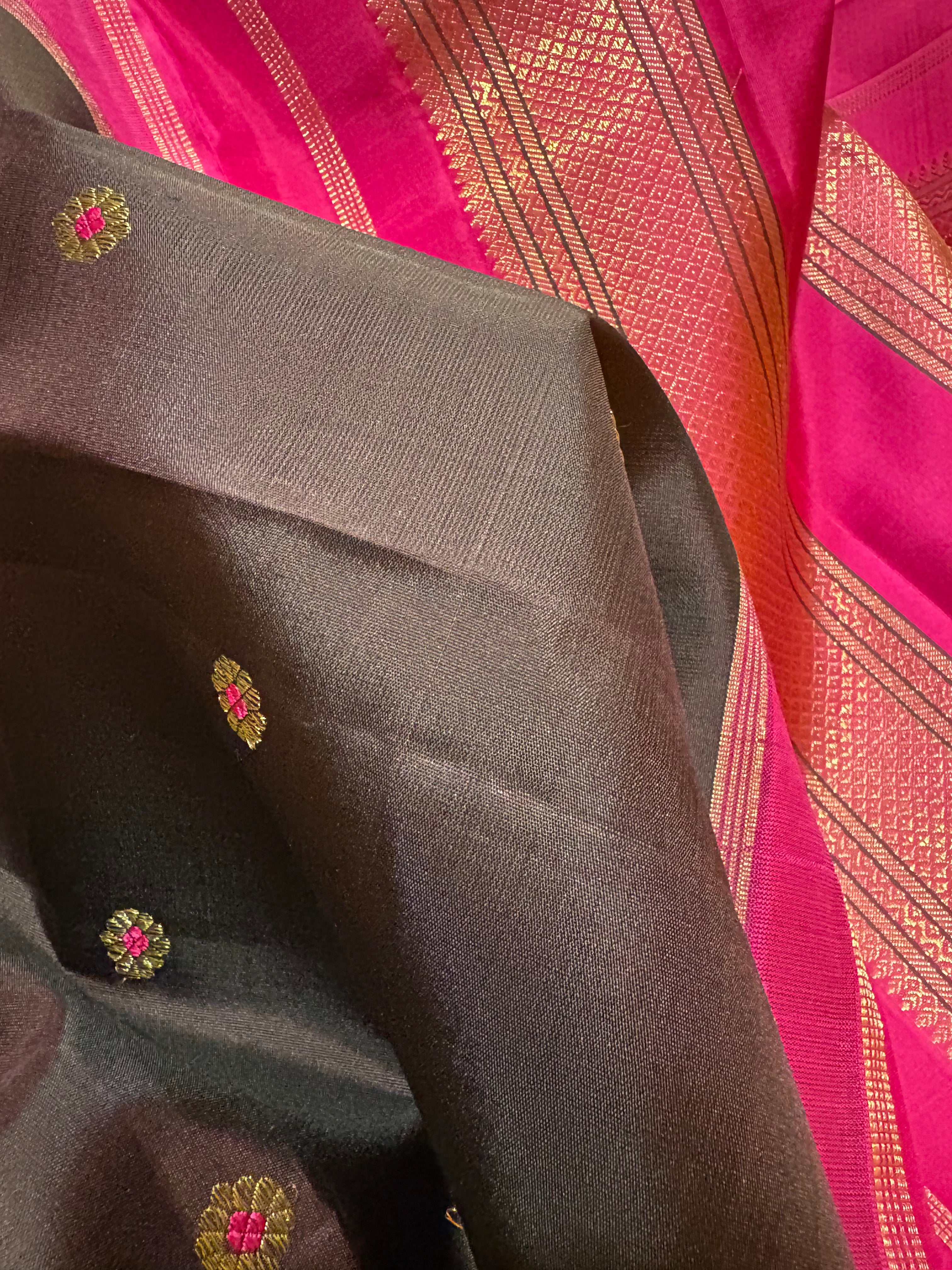 Dark Kanchana/black Korvai Kanjivaram Silk Saree with Candy Rose border - RK0556