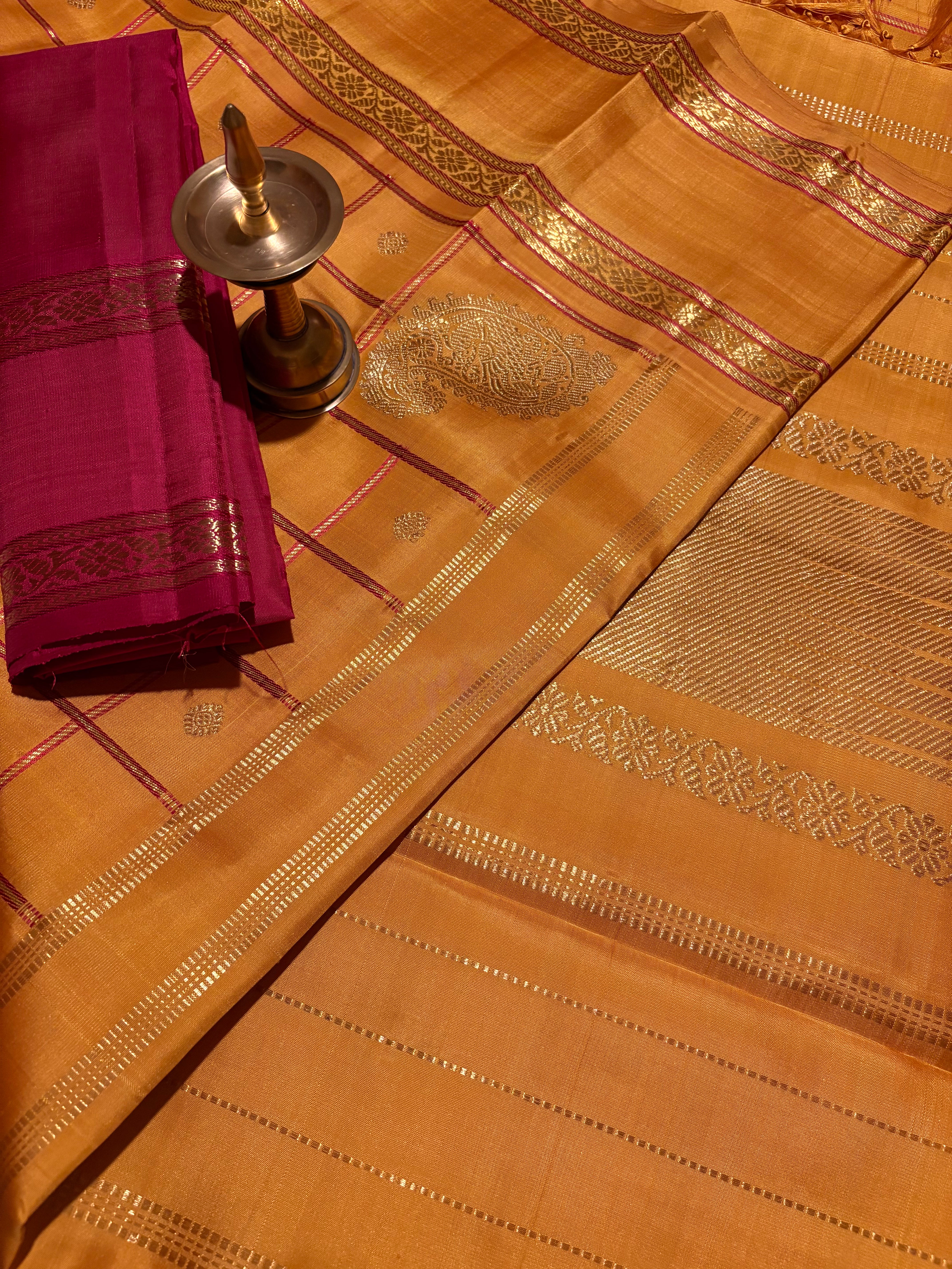 Golden Mustard Veldhari Kattam Monotone Kanjivaram Silk Saree - RK0555