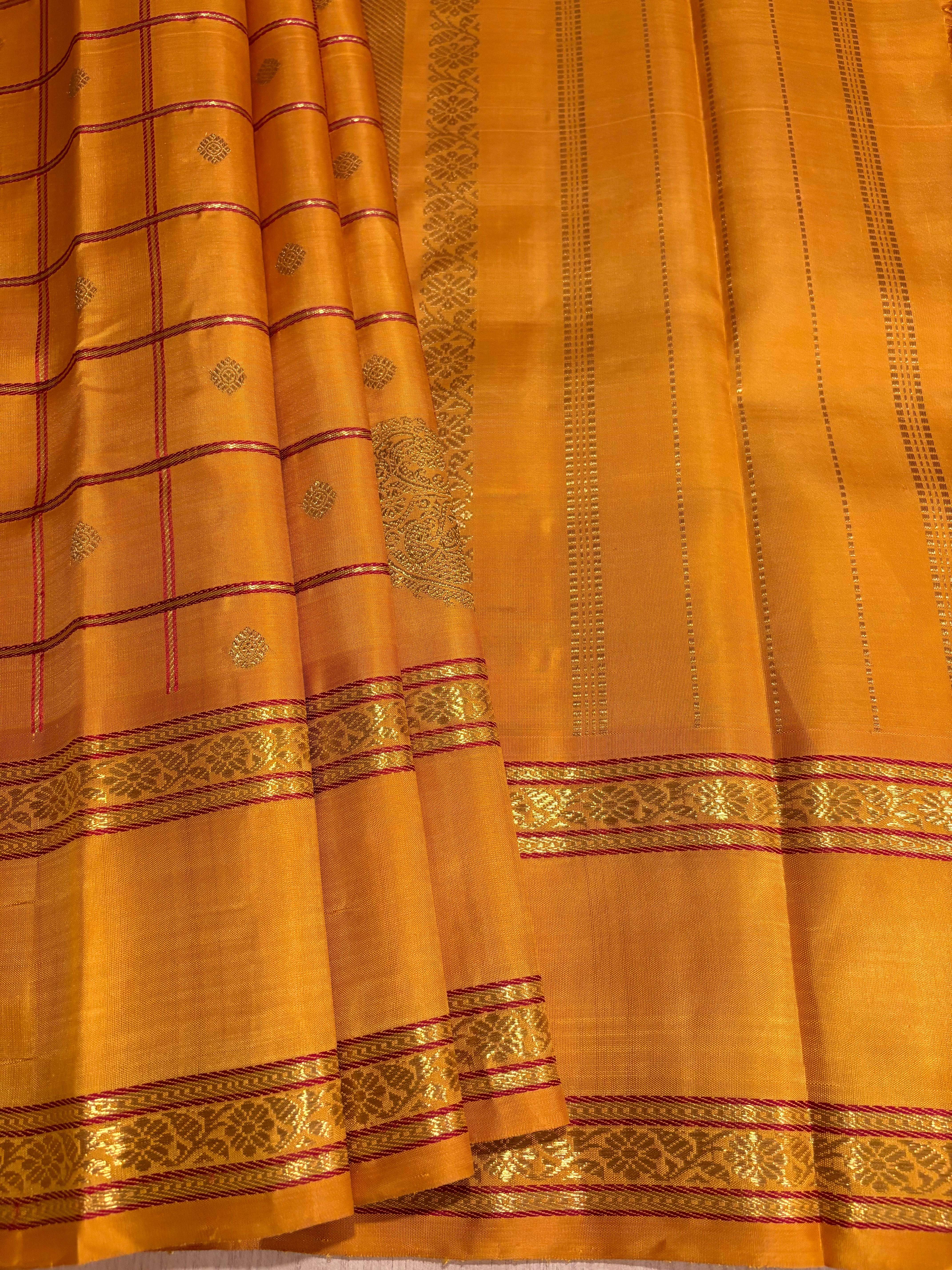 Golden Mustard Veldhari Kattam Monotone Kanjivaram Silk Saree - RK0555