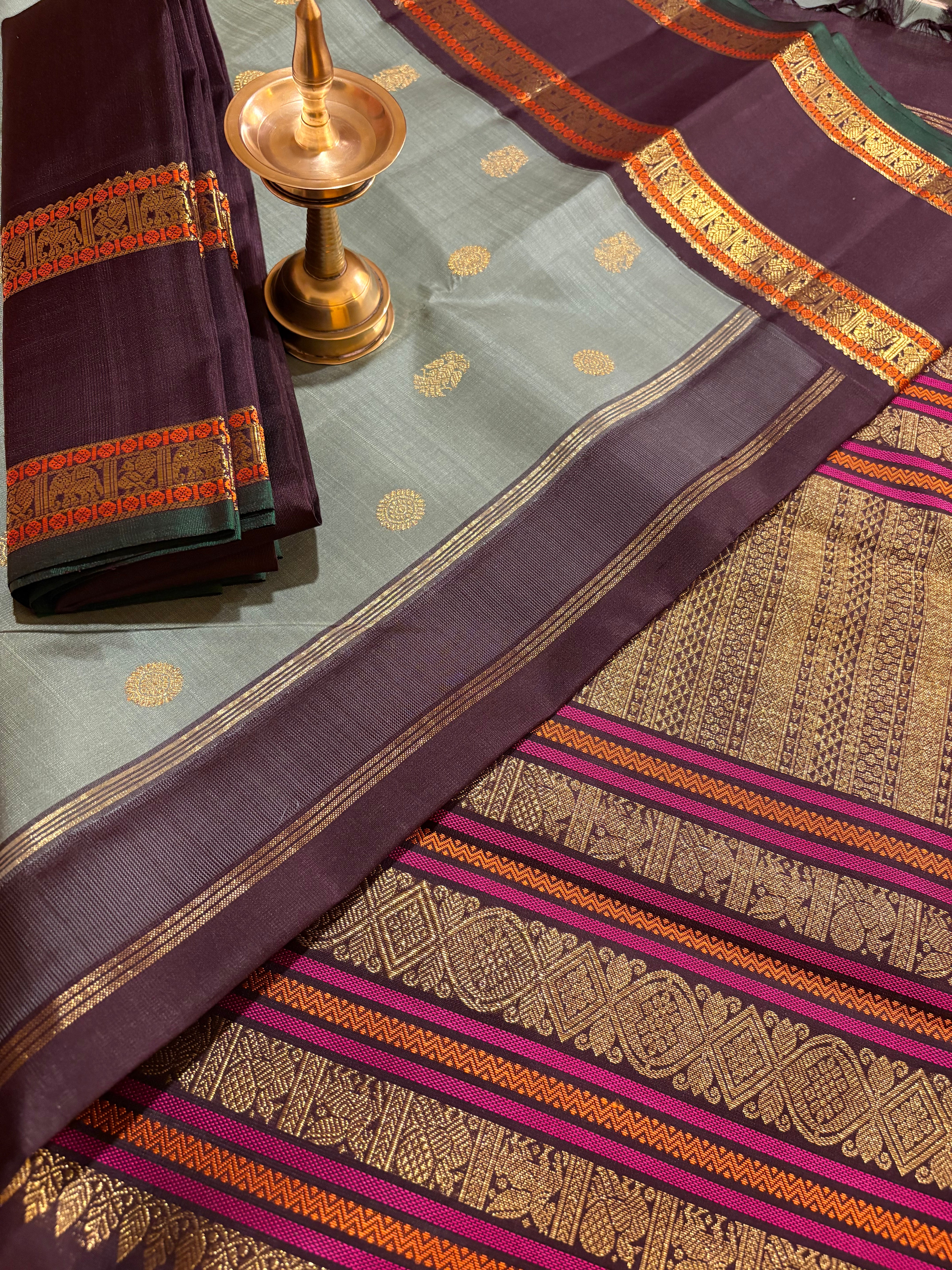 Greyish Elaichi Kanjivaram Silk Saree with Kanchana border - RK0559