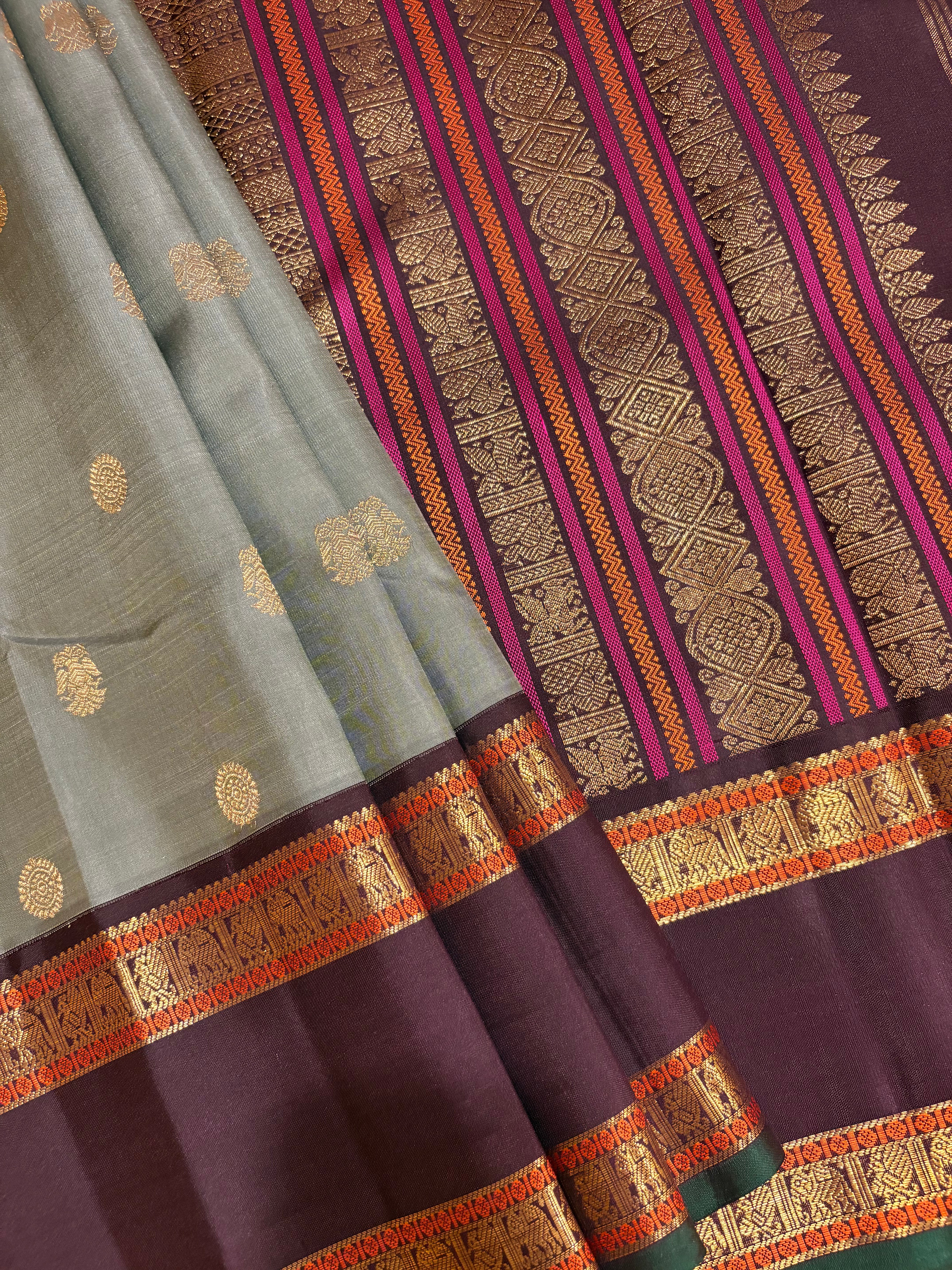 Greyish Elaichi Kanjivaram Silk Saree with Kanchana border - RK0559