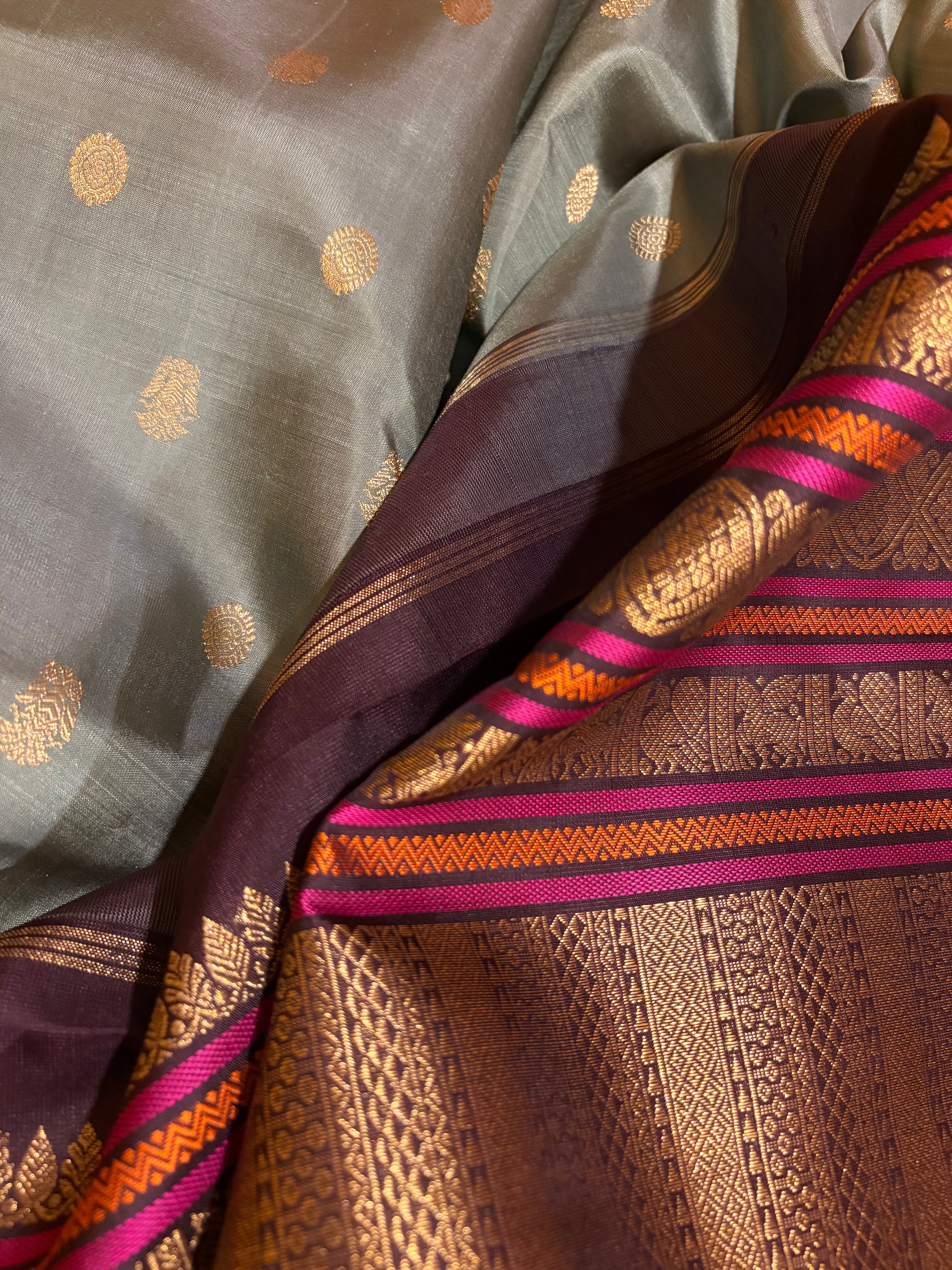 Greyish Elaichi Kanjivaram Silk Saree with Kanchana border - RK0559