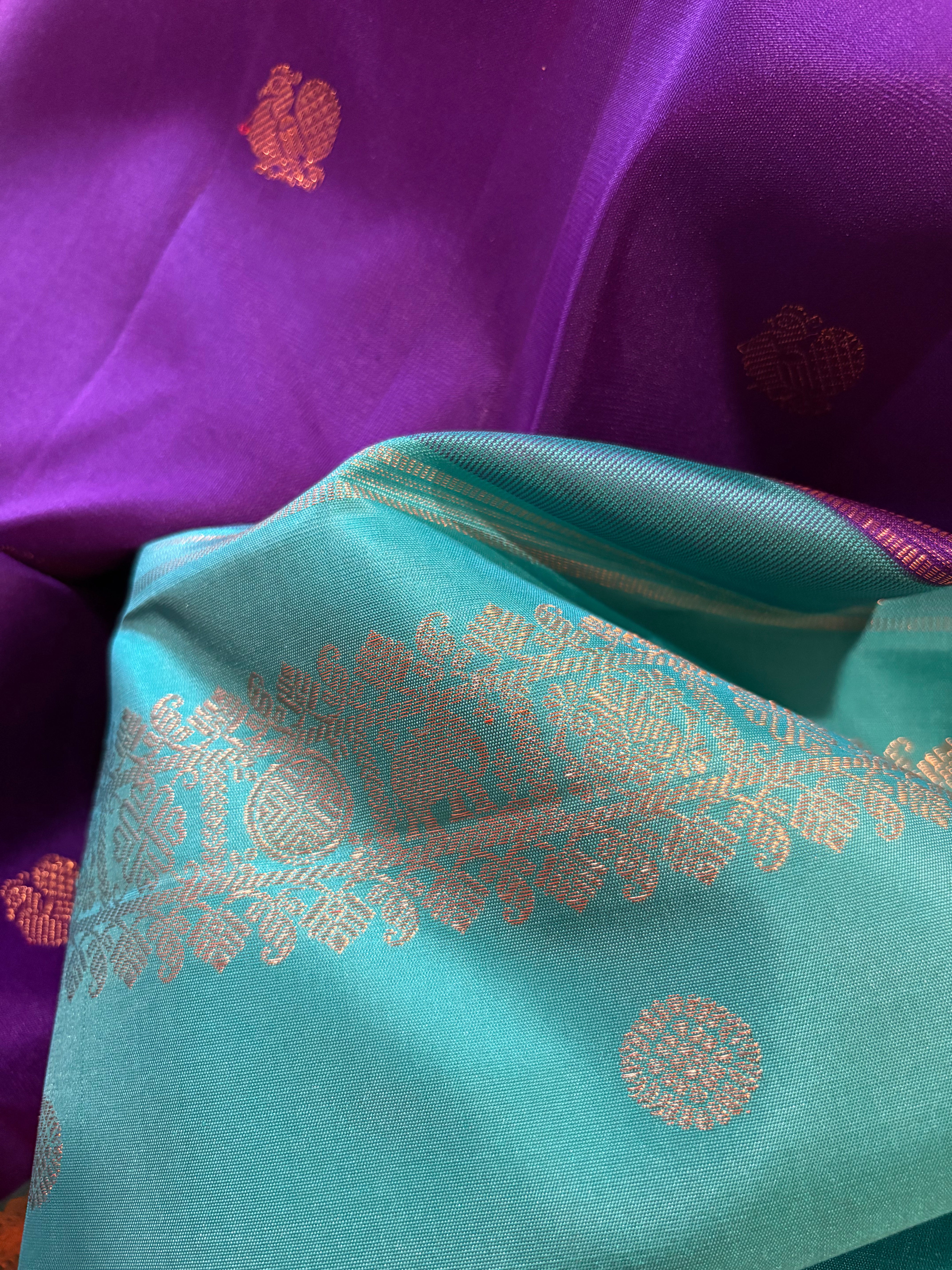 Deep purple Korvai Kanjivaram Silk Saree with Turquoise border - RK0284