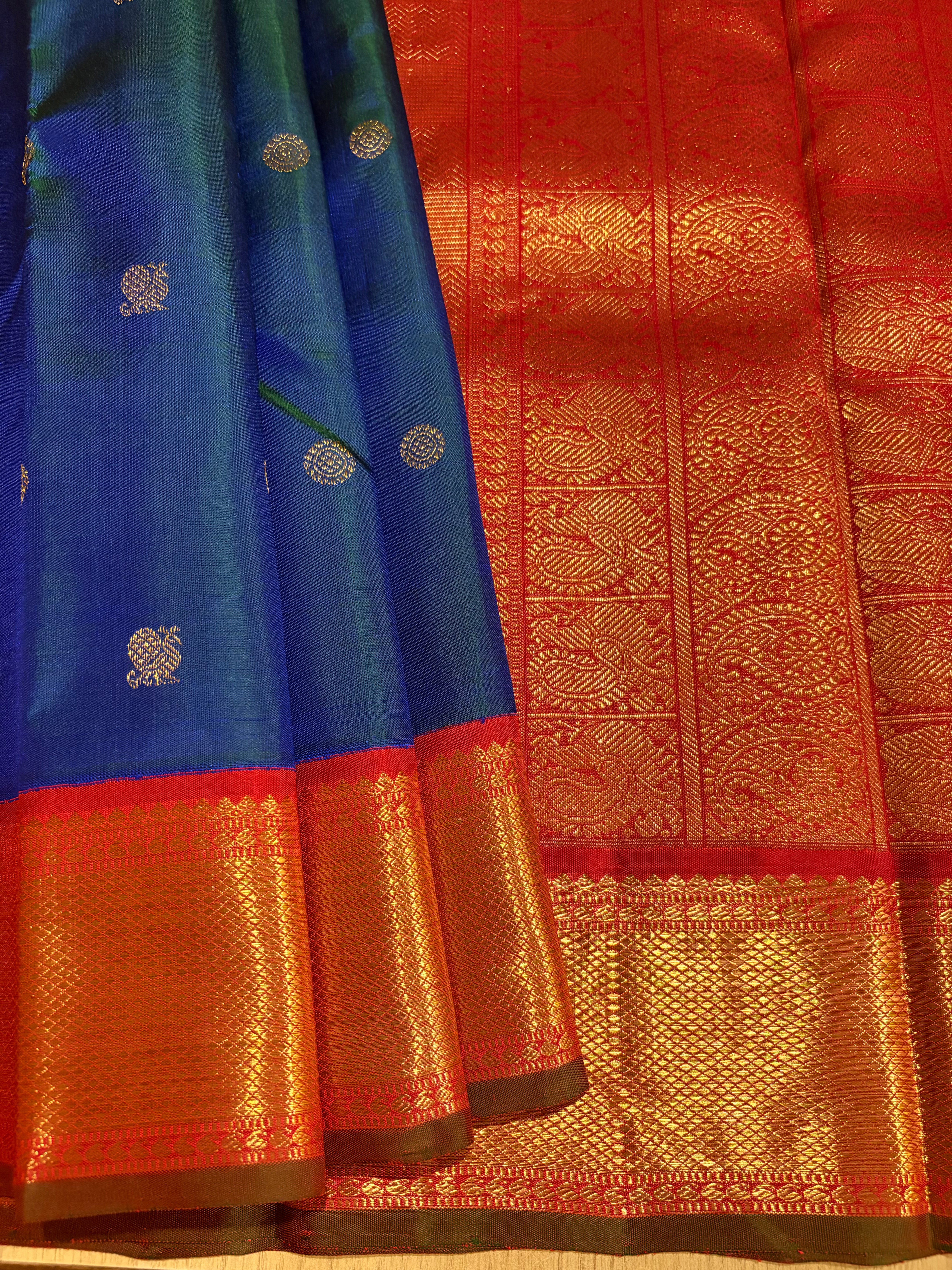 Peacock blue Korvai Kanjivaram Silk Saree with Arakku border - RK0149