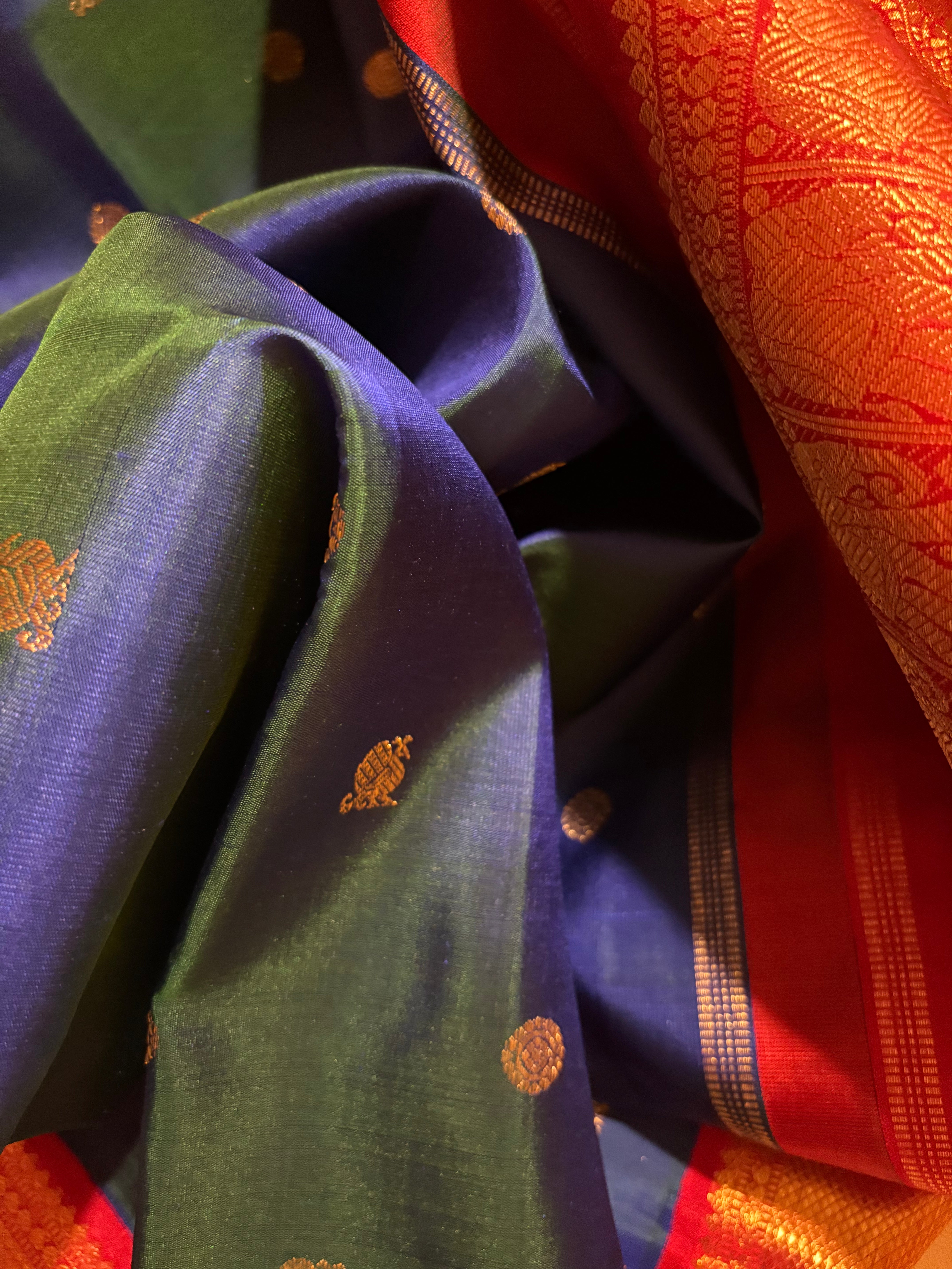 Peacock blue Korvai Kanjivaram Silk Saree with Arakku border - RK0149