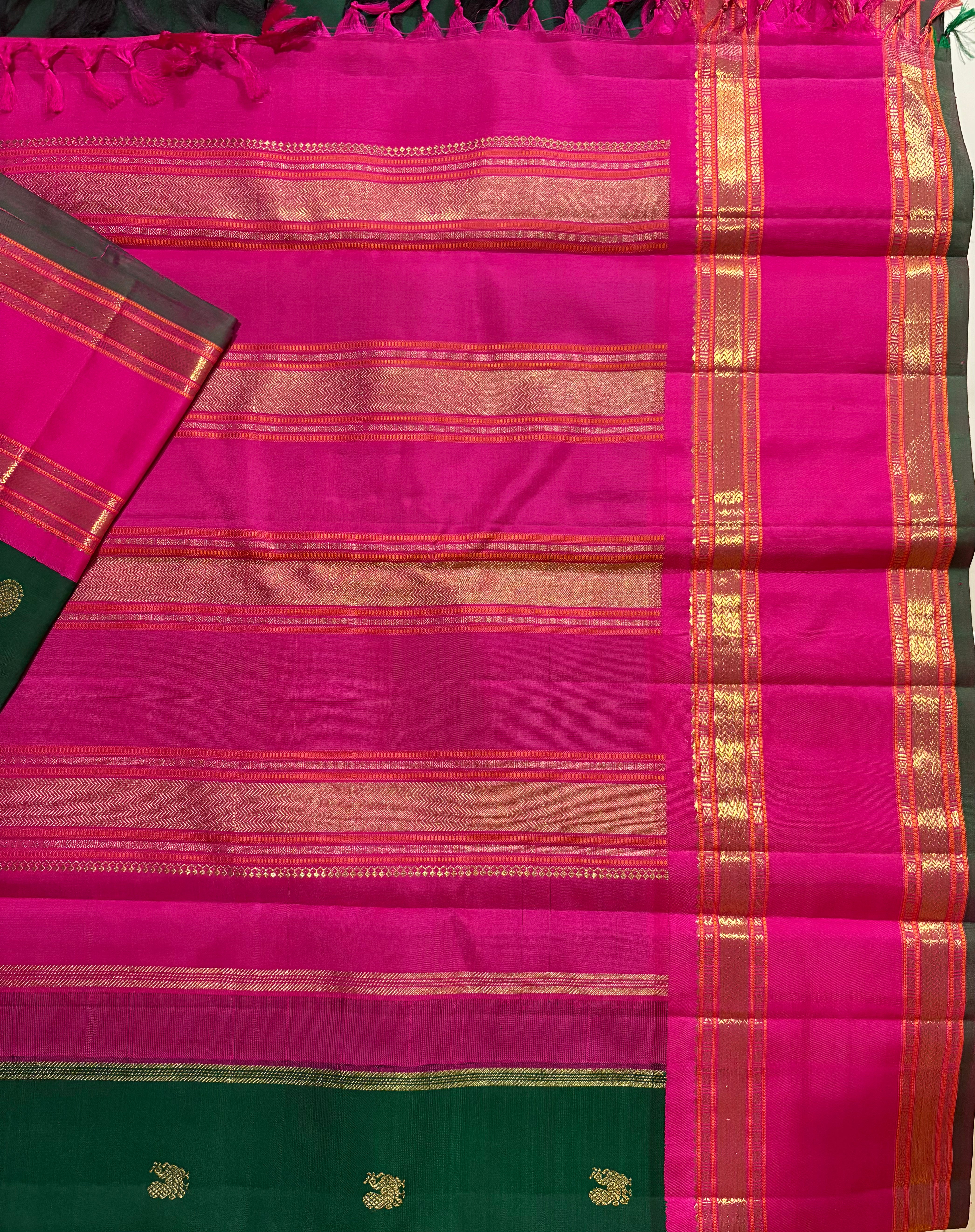 Rich Bottle Green Korvai Kanjivaram Silk Saree with Rani Rose Border - RK0466