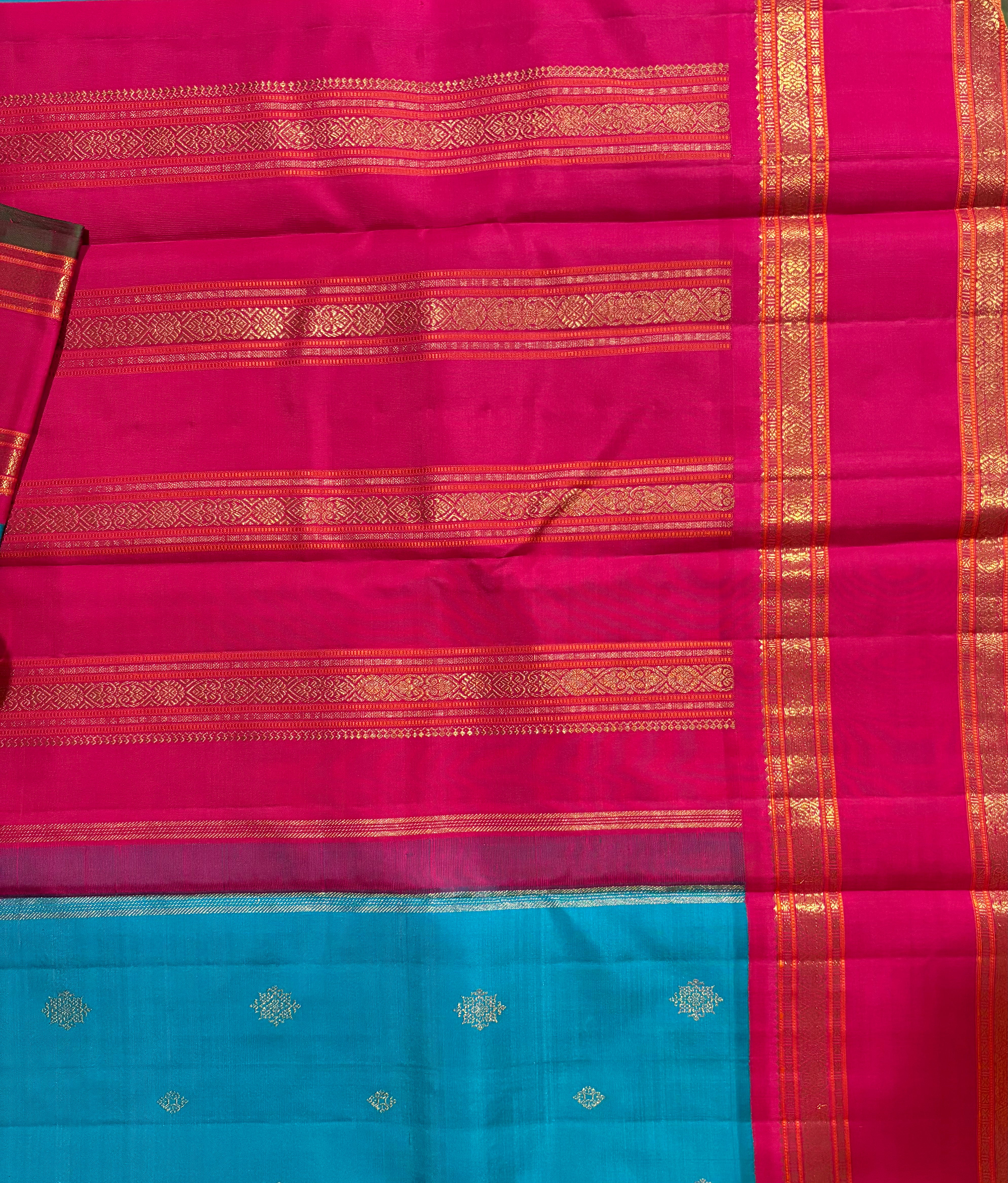 Rich Deep Turquoise Handloom Kanjivaram Silk Saree with  Bright Rani Pink Border - RK0352