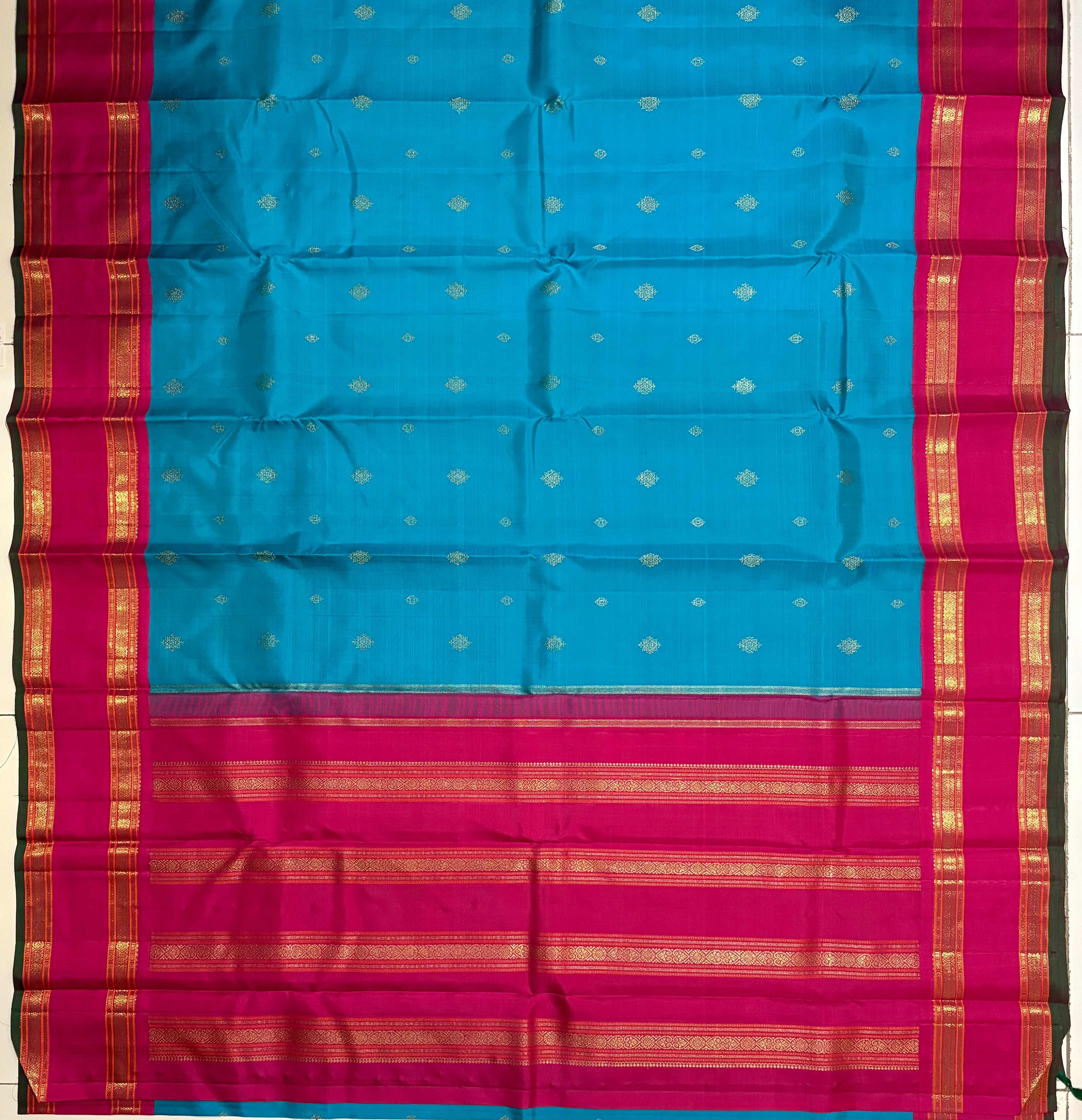 Rich Deep Turquoise Handloom Kanjivaram Silk Saree with  Bright Rani Pink Border - RK0352